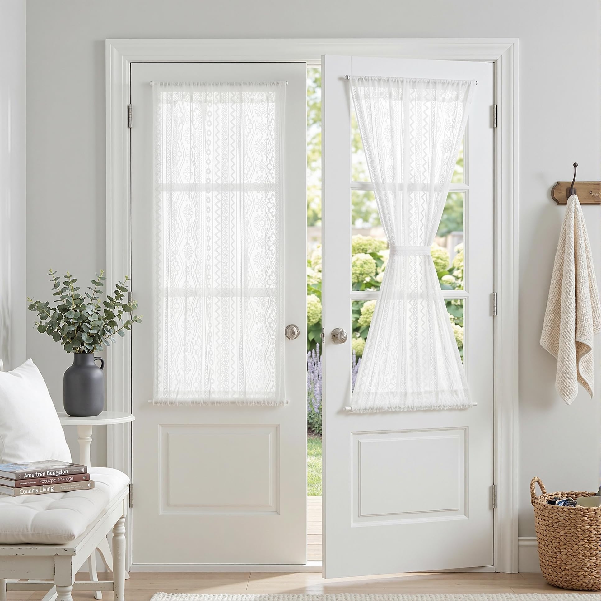MYSKY HOME White Lace French Door Curtains 40 inch Long 2 Panels Boho Sheer Floral Curtains for Door Window Scalloped Doorway Sidelight Curtains Come with 2 Matching Tie-Backs, 26" Wide Each Panel