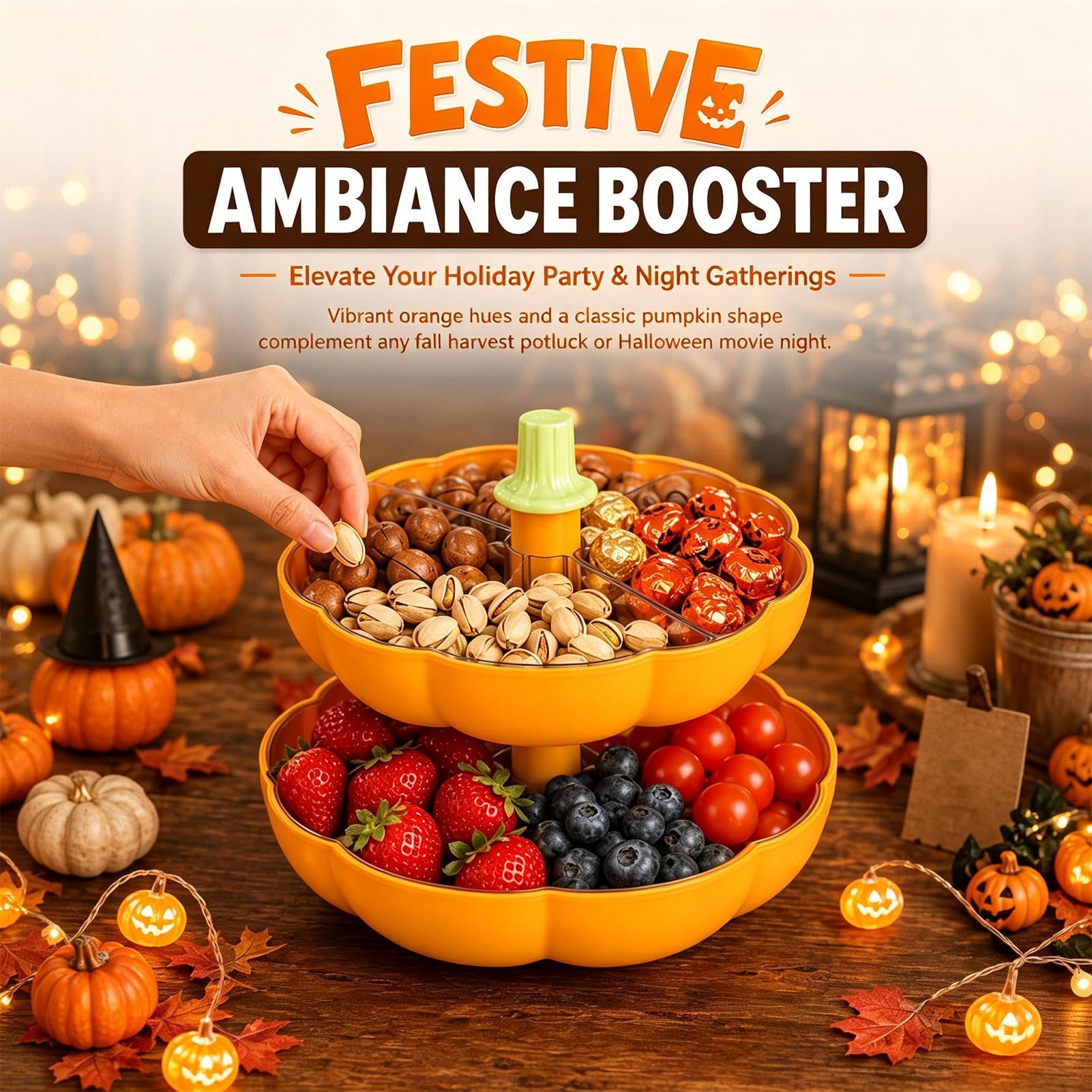 Tazón de calabaza para caramelos, contenedor decorativo de 2 niveles para