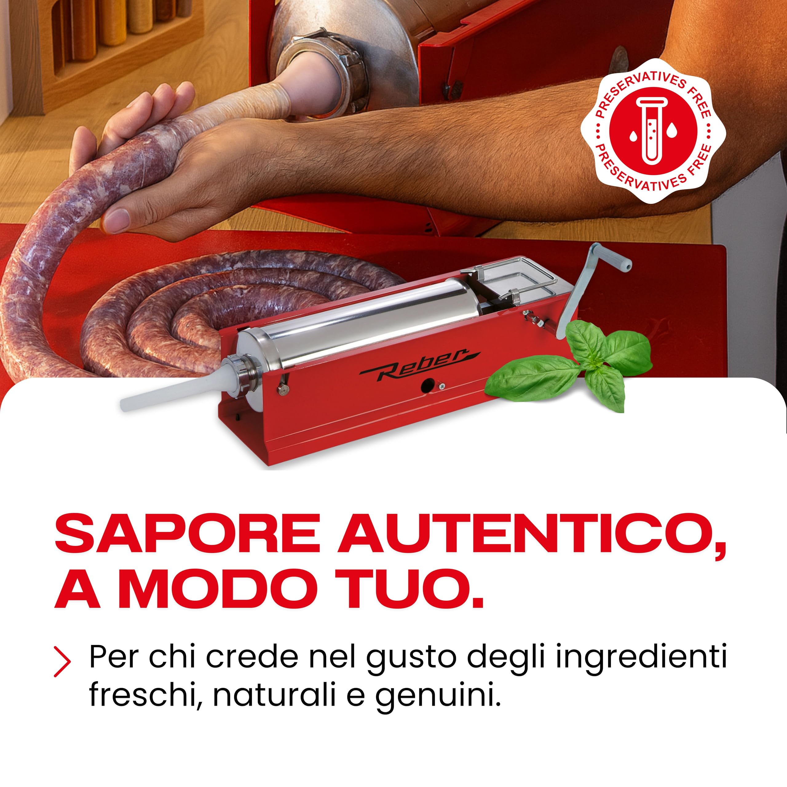 Reber Insaccatrice Manuale per Salsicce 6,8L/8KGS Orizzontale a 2 Velocità | Uso Domestico e Professionale - Struttura Robusta Acciaio INOX - Spelucchino cm. 7,5 e 4 Imbuti Inclusi