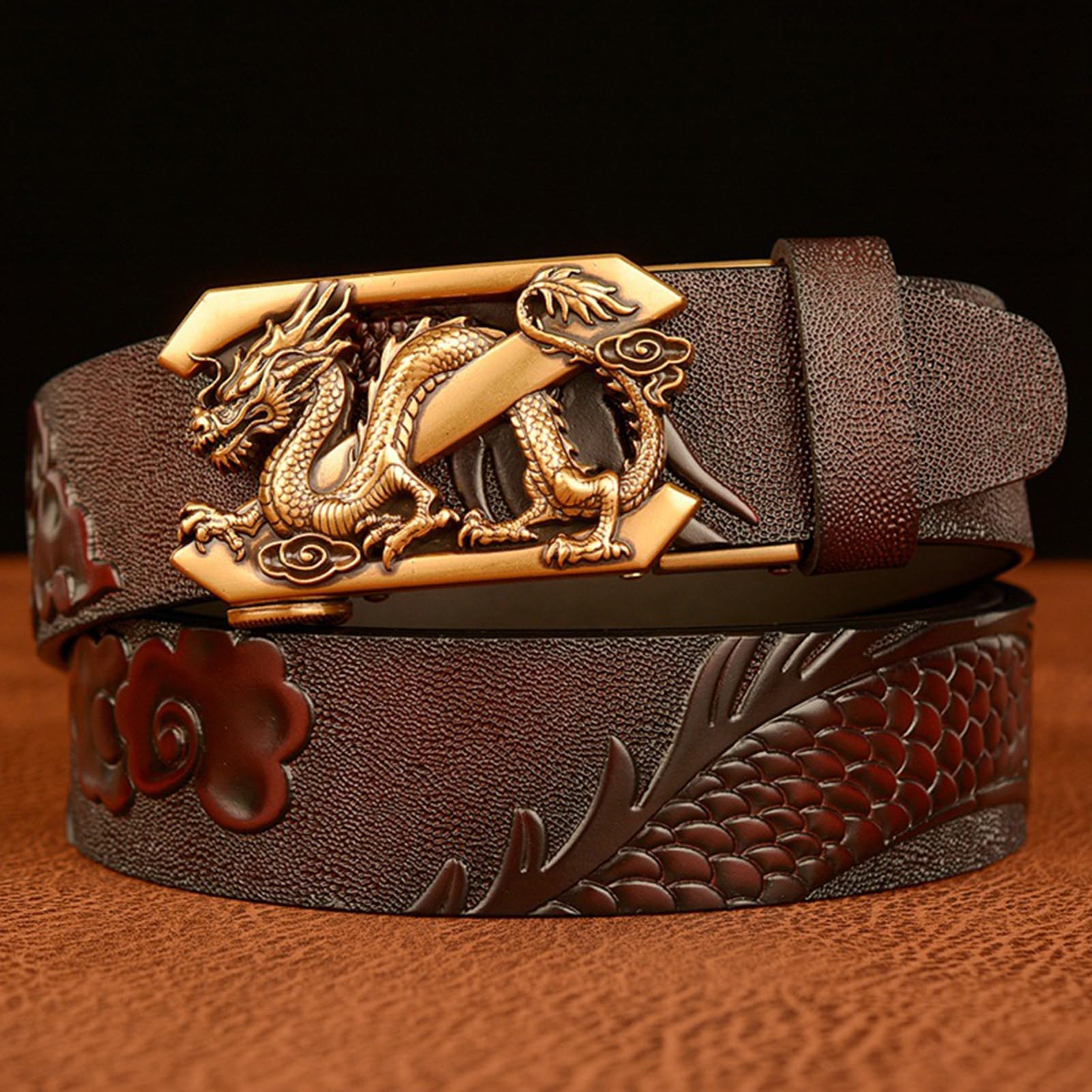 Cinturón De Clic Cómodo Con Diseño Dragón For Hombre, Hebilla Trinquete Automática Deslizante, Hueco Grabado, Ribete Ajustable For Adaptarse