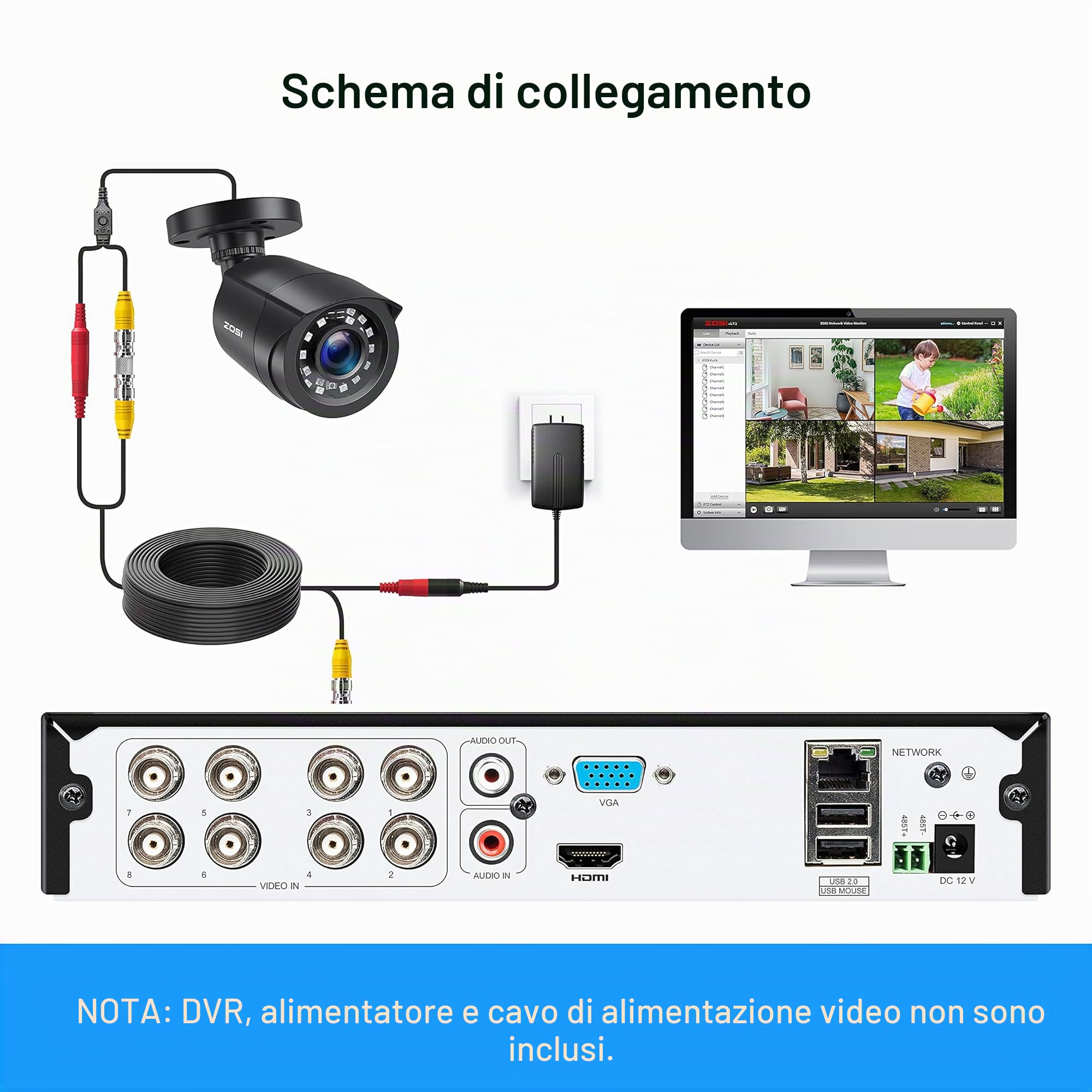ZOSI TVI 1080P - Kit telecamera di sorveglianza esterna IP66, 24 LED IR 24 m Obectivo 3,6 mm, telecamera di sorveglianza CCTV