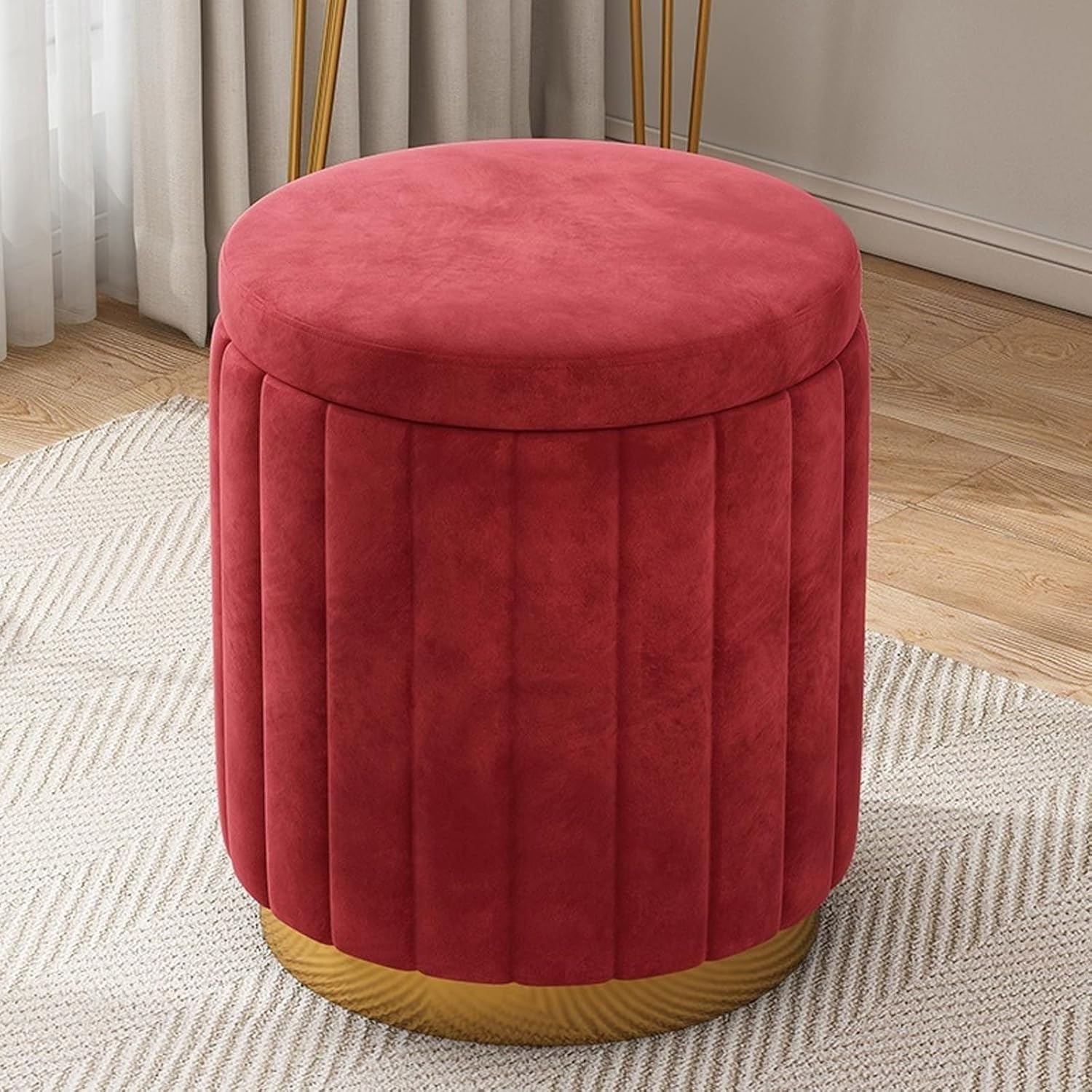 Entryway Shoe Changing Storage Ottoman Round Vanity Stool with Storage Upholstered Foot Rest Stool Round Ottoman with Storage and Gold Plated Base Storage Ottoman(H+Storage)
