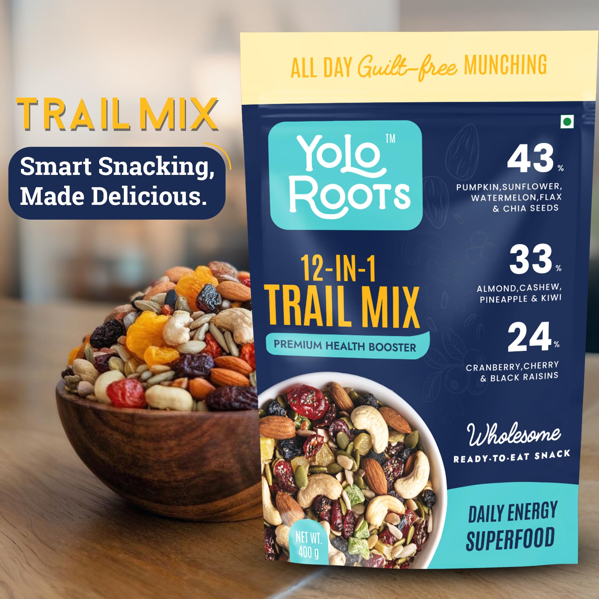 Yolo Roots Trail Mix | Roasted 12-in-1 Dry Fruit & Nut Mix with Almonds, Cashews, Cranberries Pumpkin,Chia & Sunflower Seeds | High Protein & Fibre | No Added Sugar | Healthy Anytime Snack 1