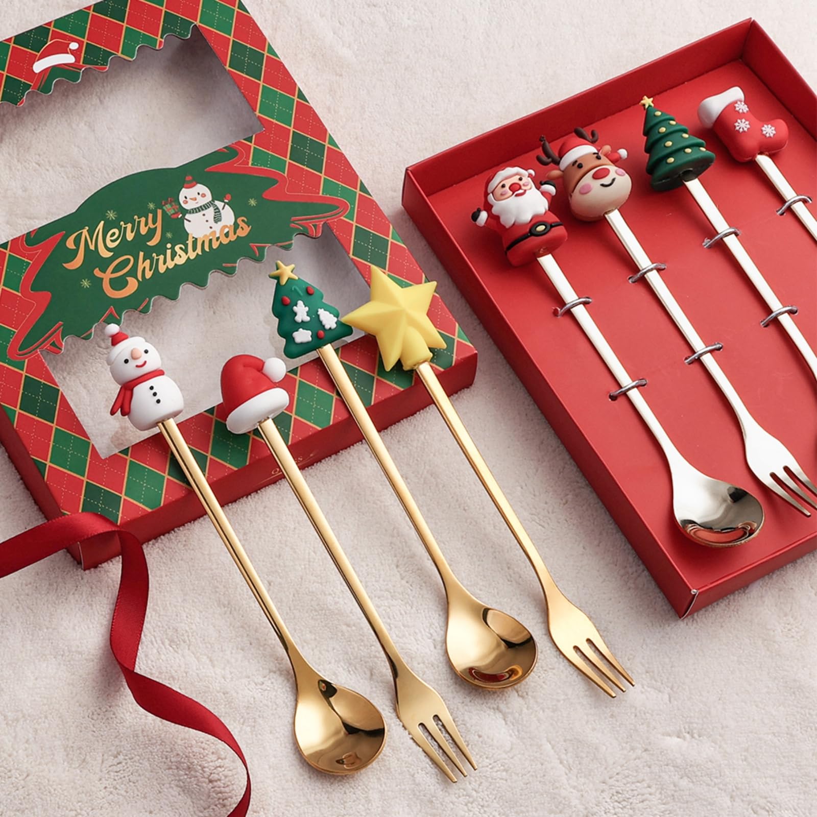 Lxzcelrt Christmas 4pcs Stainless Steel Christmas Tree Tea Coffee Dessert Ice Cream Dinner Stirring Spoons - Cute Tableware Gift Party Supplies