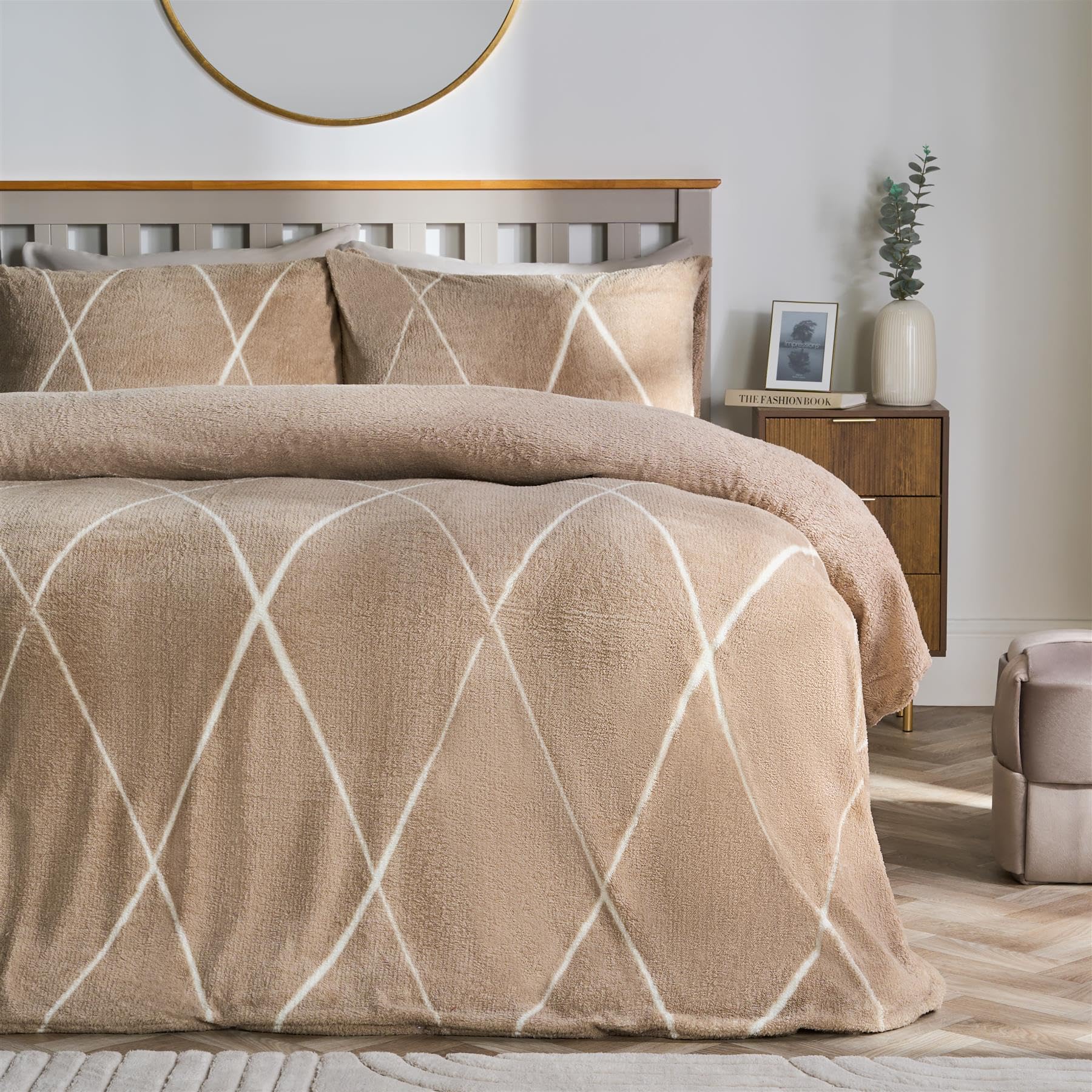Ohs Women's Natural Double Duvet Set, Super Soft Warm Winter Bedding Stylish Diamond Check Teddy Fleece Duvet Set Cosy Fluffy Thermal Teddy Bear Bedding With Pillowcases,