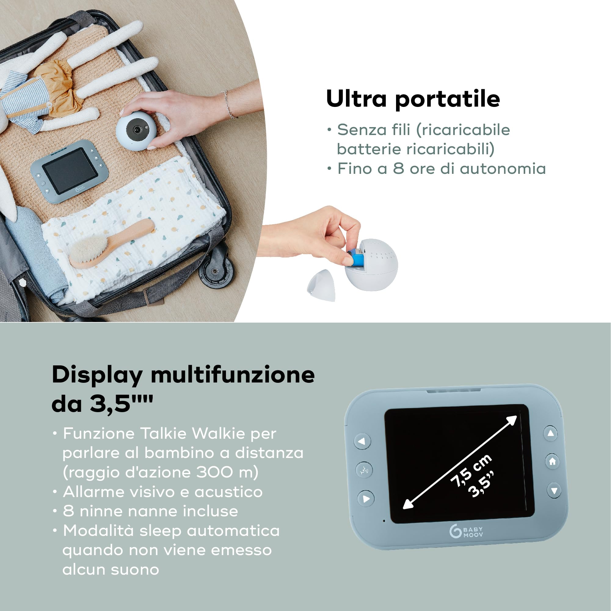 Babymoov Baby monitor con videocamera senza fili YOO Roll - Batterie ricaricabili - Autonomia 10 ore - Schermo 3,5" di qualità a infrarossi - Ninnenanne - Portata 300 m - Garanzia a vita