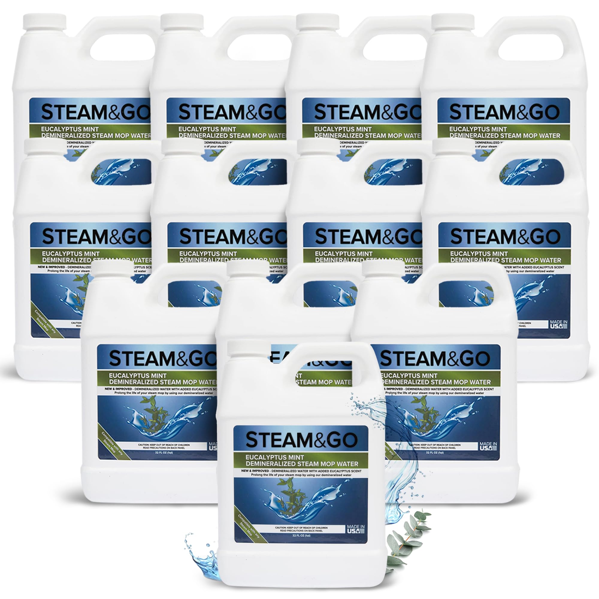 Steam and GoDemineralized Water - Multi-Surface Cleaning Solution for Steam Mop, Ready-to-Use Floor Cleaner, No PVC, Ideal for Home & Office, Compatible w/Any Mop - Eucalyptus Mint, 32oz, Pack of 12