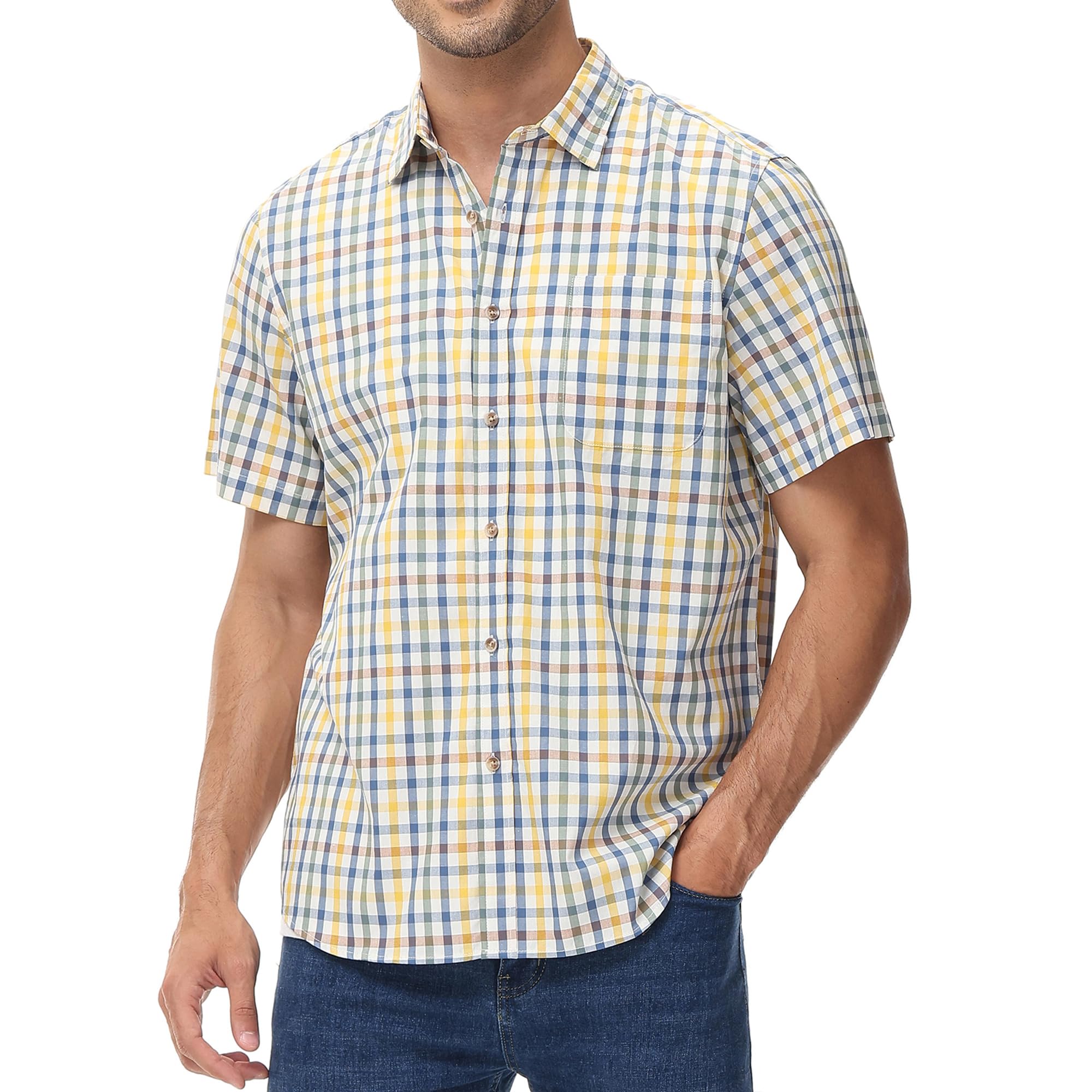 MCEDARSlim Fit Plaid Button Down Shirts for Men Casual Short Sleeve Checked Shirt with Pocket