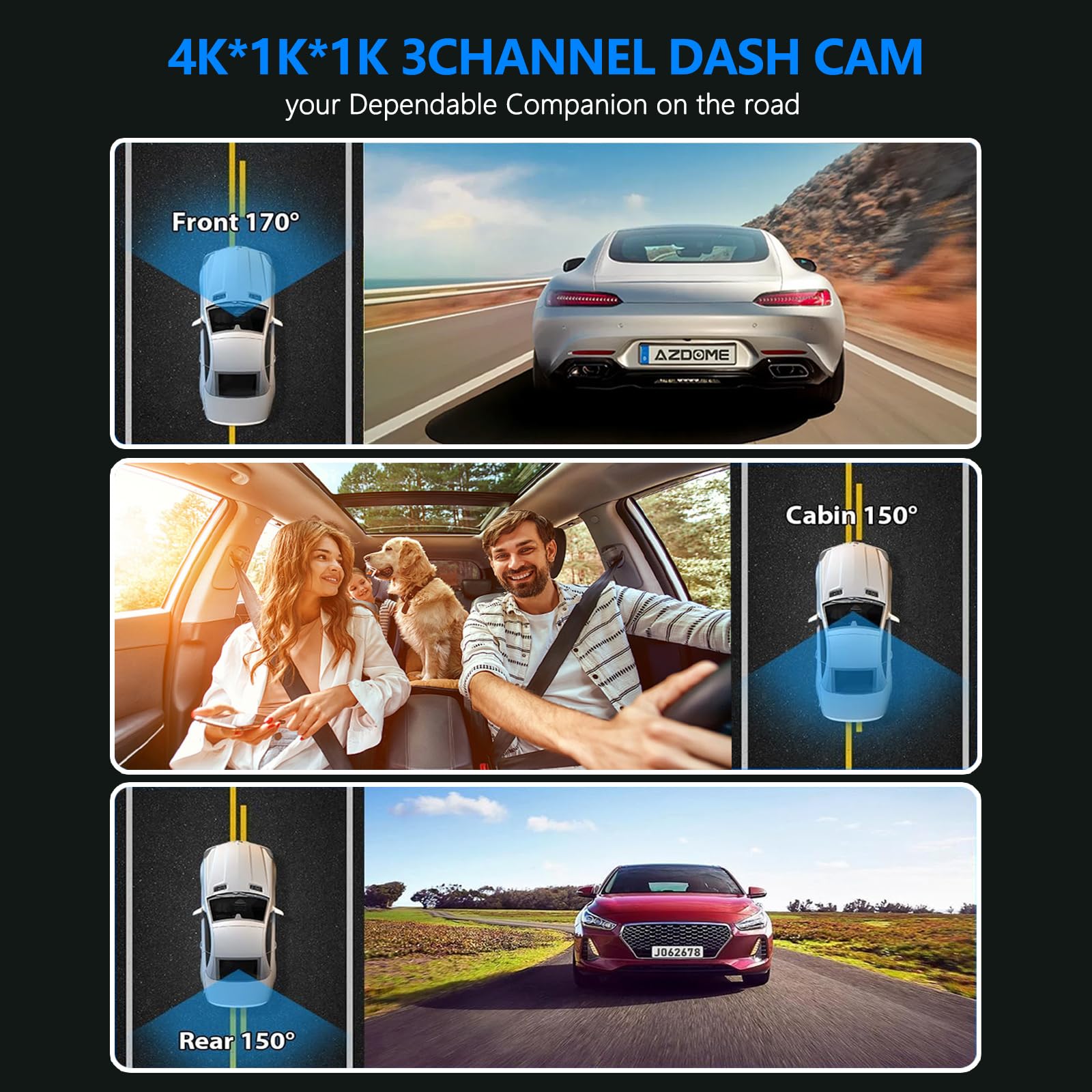 ChannelsTriple Dash Cam 3 in 1 | Fotocamera frontale 4K, 1080p interna e posteriore 1080p | con telecamera da cruscotto Wi-Fi | sorveglianza parcheggio | registrazione in loop | Scheda da 64 GB