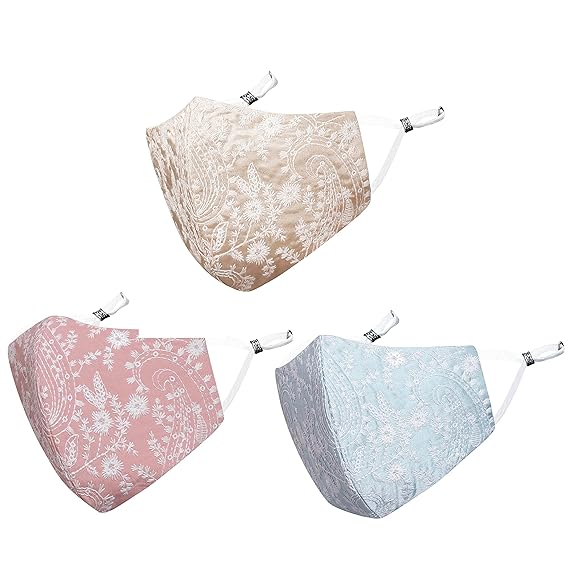MASQ By Q-One 4 Layer Washable, Reusable, Size Adjustable, Anti-Bacterial (BFE>99%) Embroidered Cotton Cloth Face Mask Combo for Women, Girls with Detachable Chain & Mask Bag (Multicolor, Pack of 3)