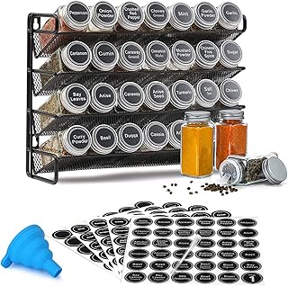 GOI Spice Rack Organiser with 28 Spice Jars, 4-Tier Spice Organizer for Cabinet, 386 Spice Labels, Chalk Marker, and Funnel Set for Cupboard, Worktop, Pantry, or Hanging on Cabinet Doors or Walls