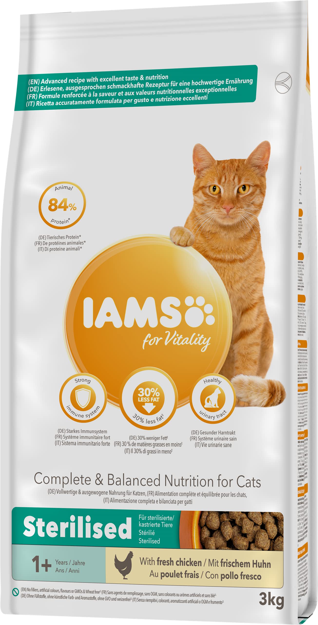 IAMS Alimento seco para gatos esterilizados - comida seca para gatos adultos de más de 1 año con pollo fresco, 3 kg