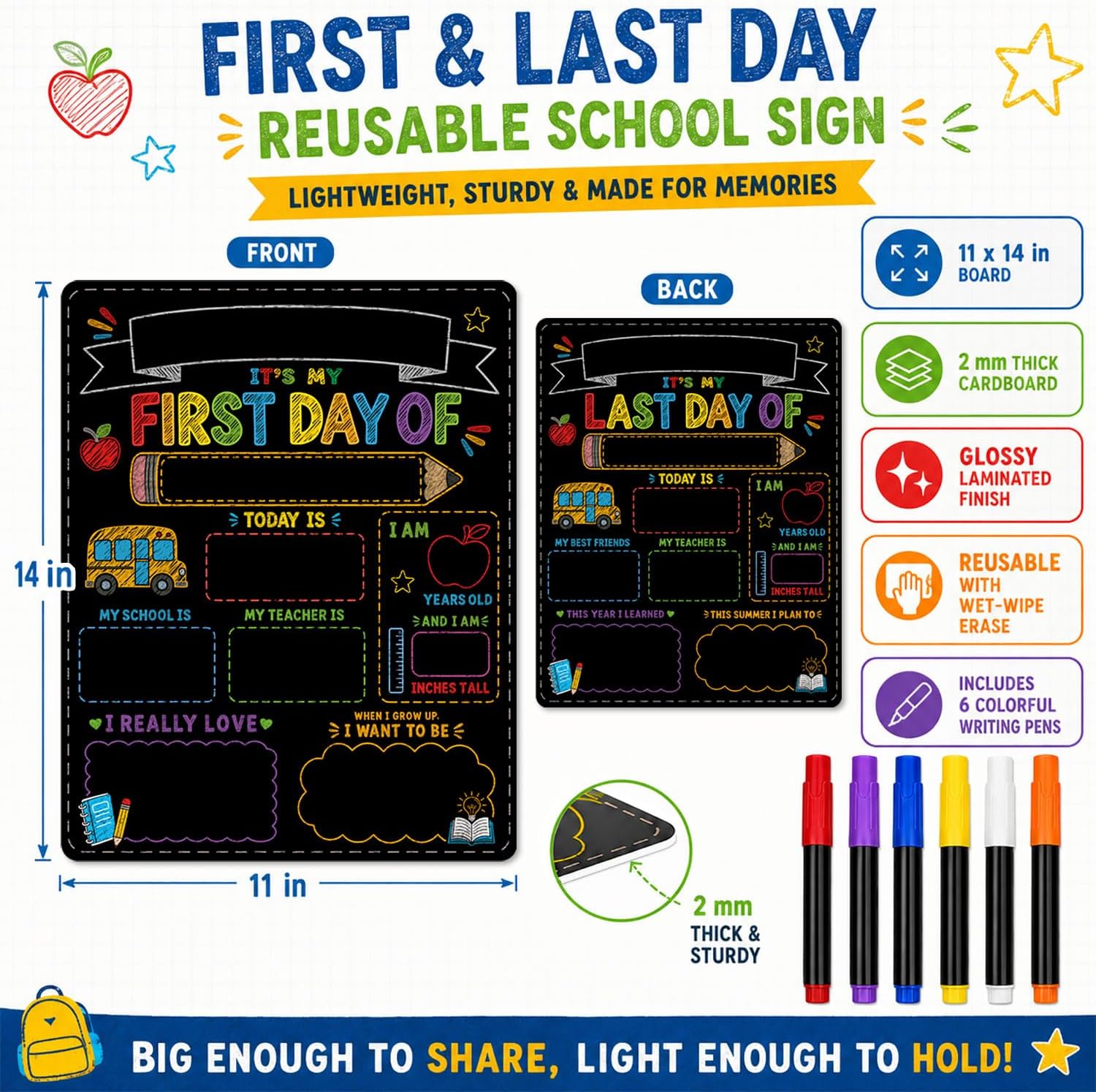 First & Last Day of School Signs with 6 Writing Pens
