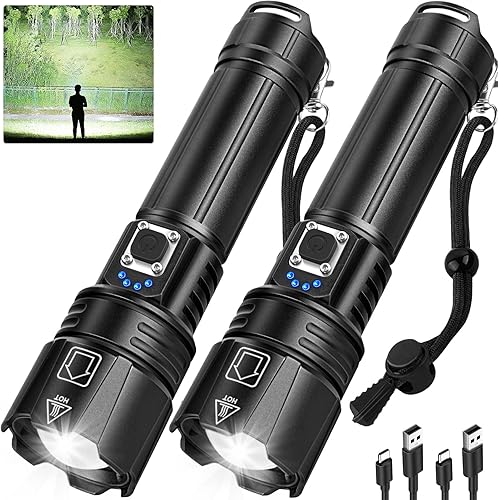 Paquete de 2 linternas recargables de alto lúmenes, 990,000 lúmenes, linterna LED súper brillante con 5 modos y 12 horas de tiempo de funcionamiento
