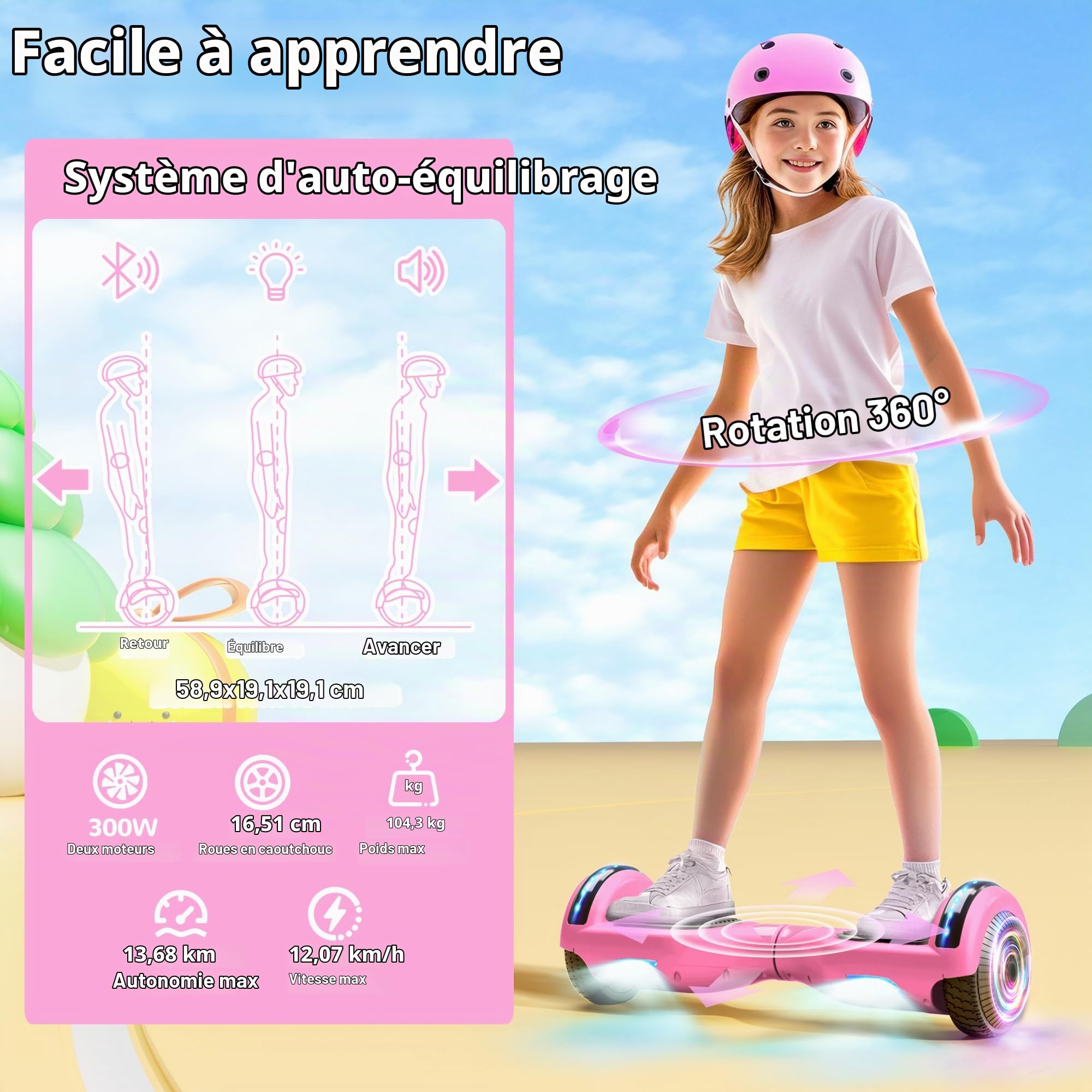 SISIGAD Hoverboard, Auto-équilibré Gyropode électrique 6.5 Pouce Hoverboard Hover Scooter Board avec Musique Bluetooth, lumières LED pour Enfants et Adolescents