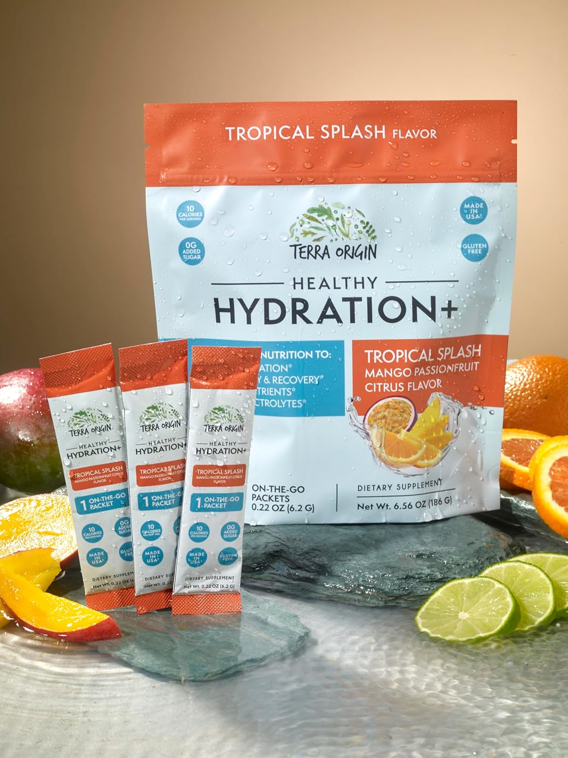 TERRA ORIGIN Healthy Hydration+ Tropical Splash Electrolyte Powder Packets | After Alcohol Aid with DHM | Mango Passionfruit Citrus Flavor | 30 On The Go Packs