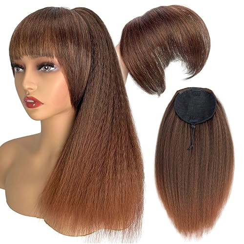 Miniatura 2 de Cola de caballo larga Yaki recta con cordón y flequillo para mujeres negras, 20 pulgadas, mezcla de marrón y negro, sintético grueso, rizado recto,