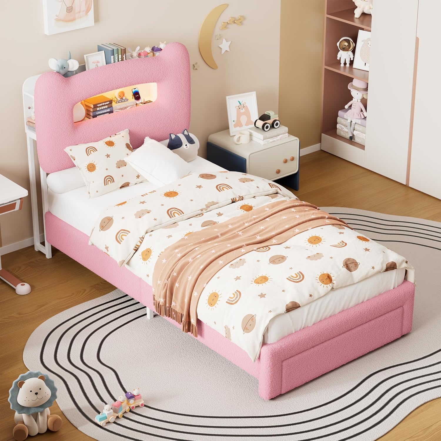 GarveeHome LED Full Bed Frame with 2-Tier Storage Headboard, Upholstered Platform Bed with Charging Station and Drawer, Metal Support, No Box Spring Needed, Pink