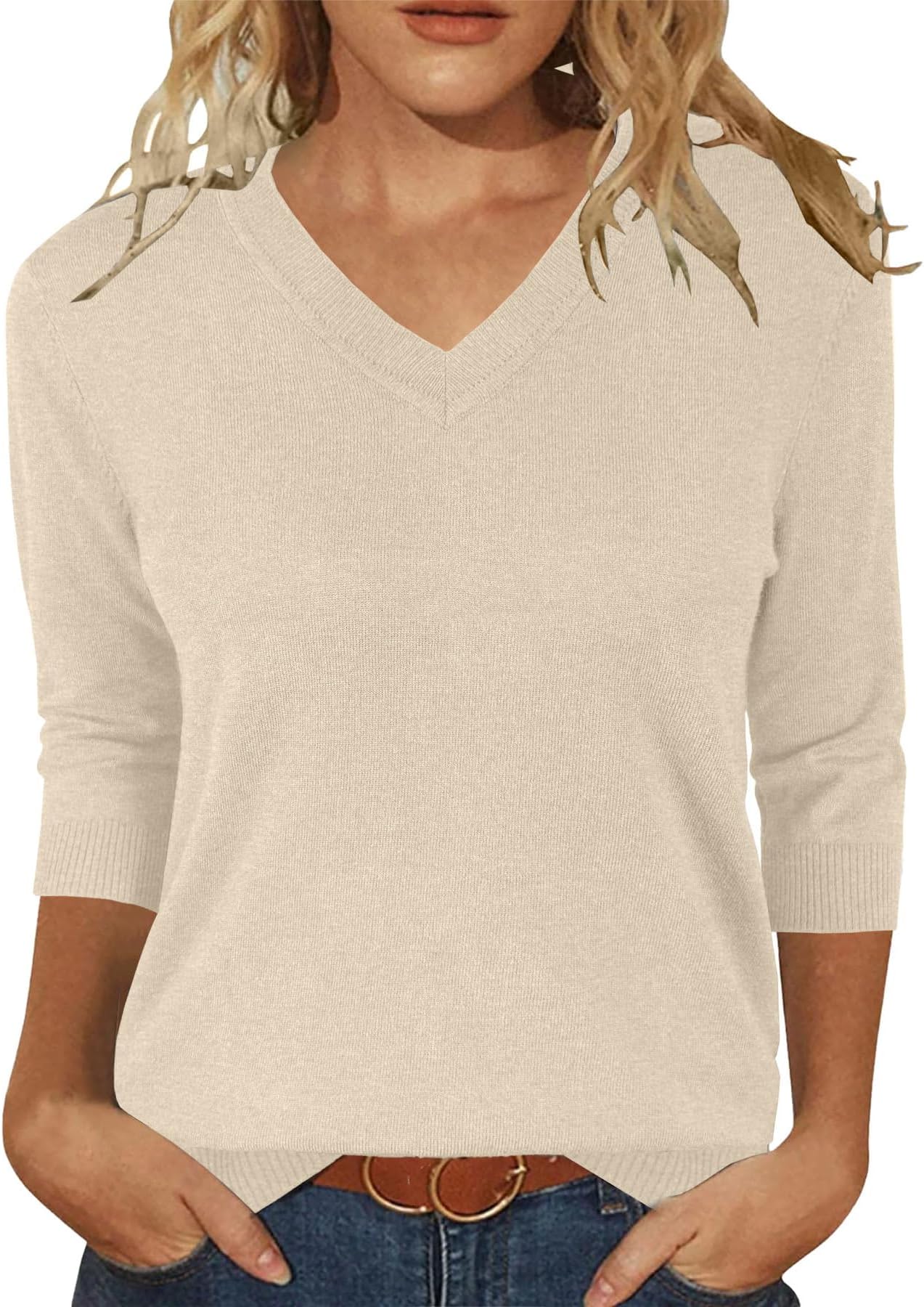 JomeDesign Womens Sweaters 3/4 Sleeve Pullover Tops V Neck Blouses Business Casual Fashion Clothes