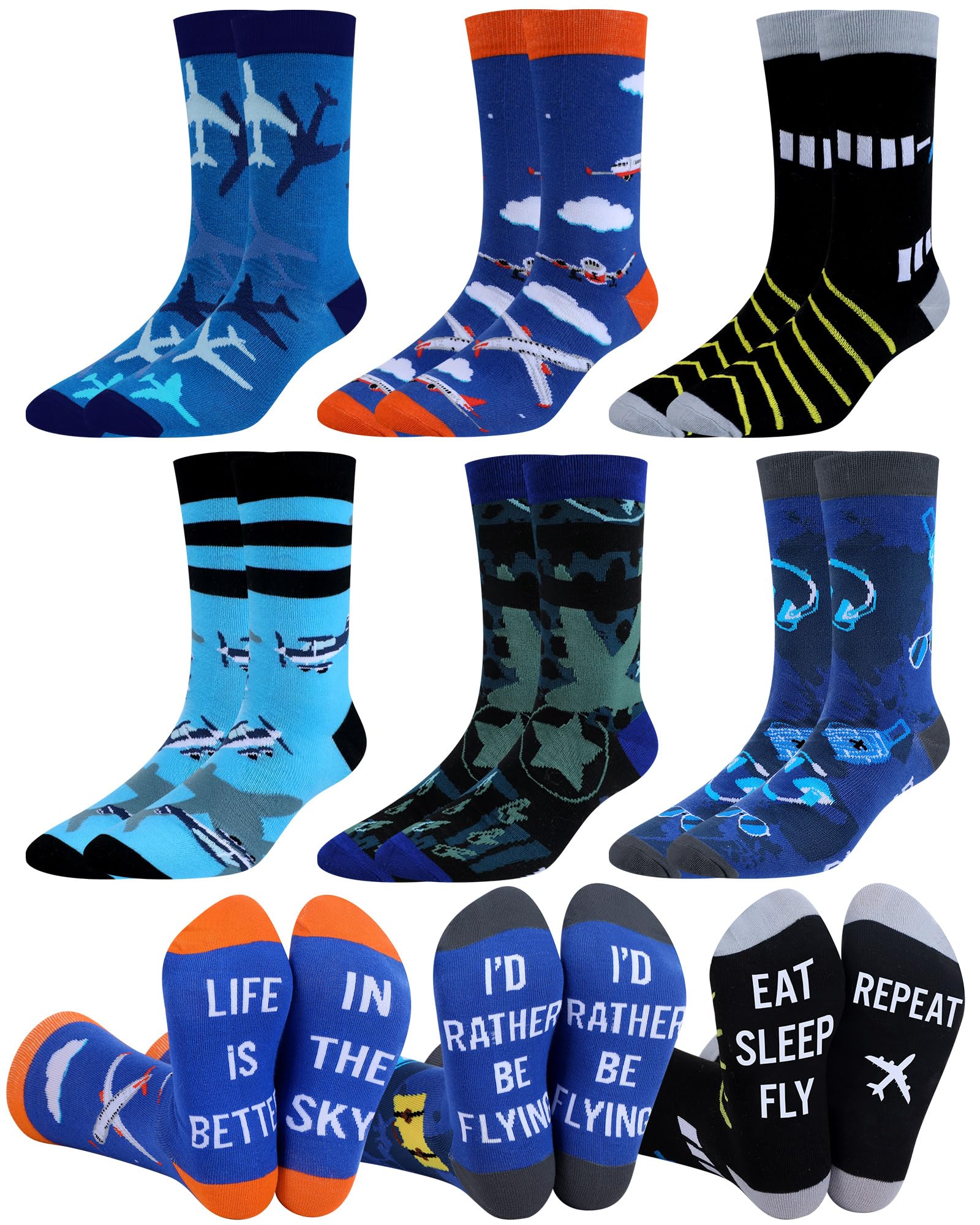 Halfchet 6 Pairs Novelty Airplane Crew Socks for Men Funny Plane Pilot Aviation Gifts for Father Day Dad Grandpa Gifts