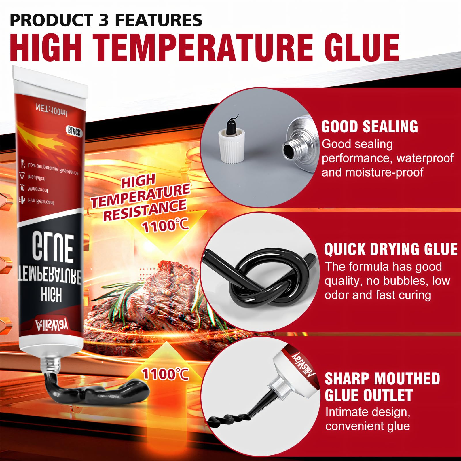 Silicone Alta Temperatura per Stufe, Silicone Nero Sigillante, Colla Alte Temperature per Forno a Microonde, Forno, Piano Cottura a Induzione Cappa Aspirante,100ML