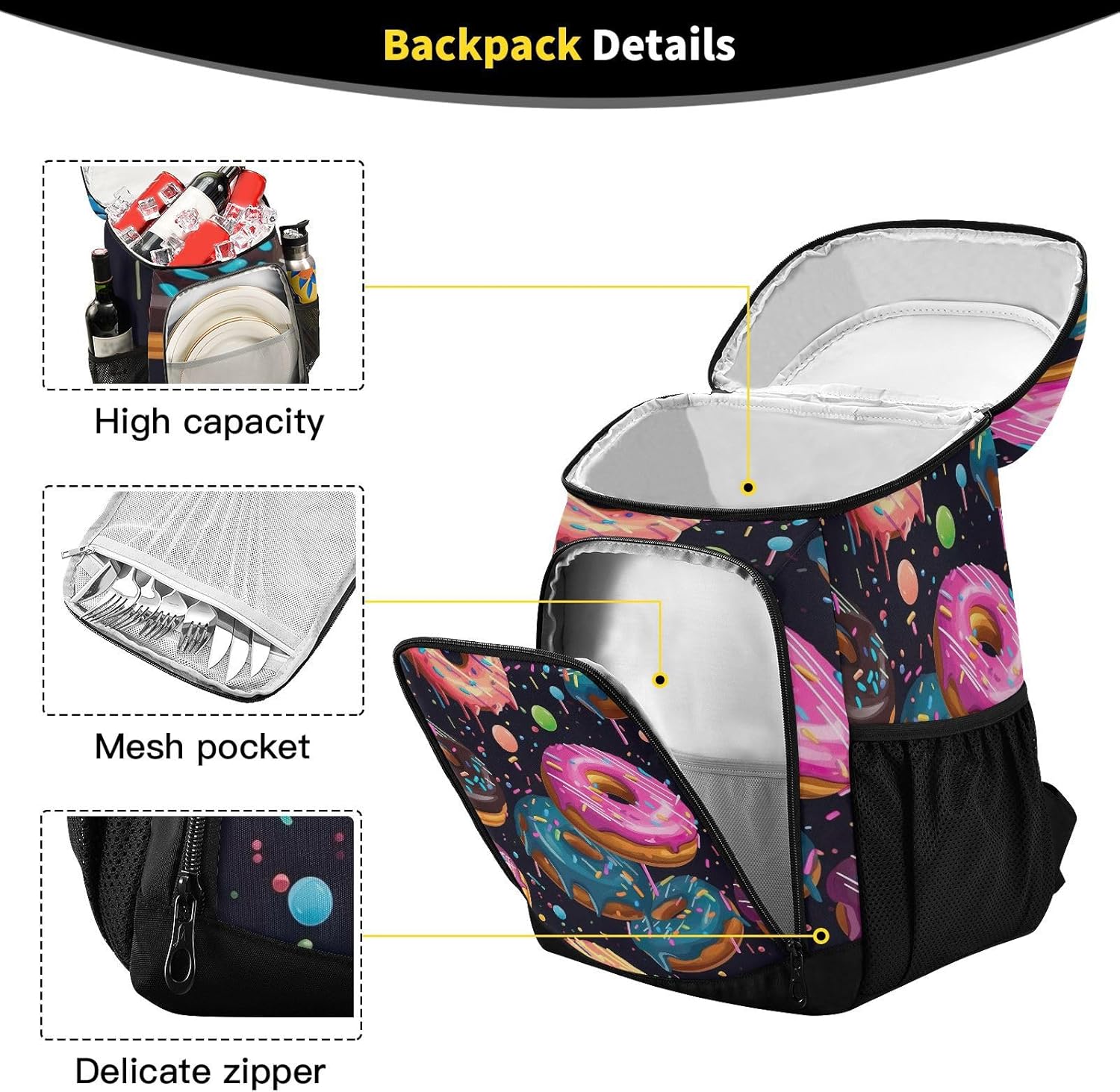 Cartoon Donuts Cooler Backpack 36 Cans Leakproof Waterproof Backpack Cooler Bag Beach Accessories Travel Camping Fishing Backpack for Women Men