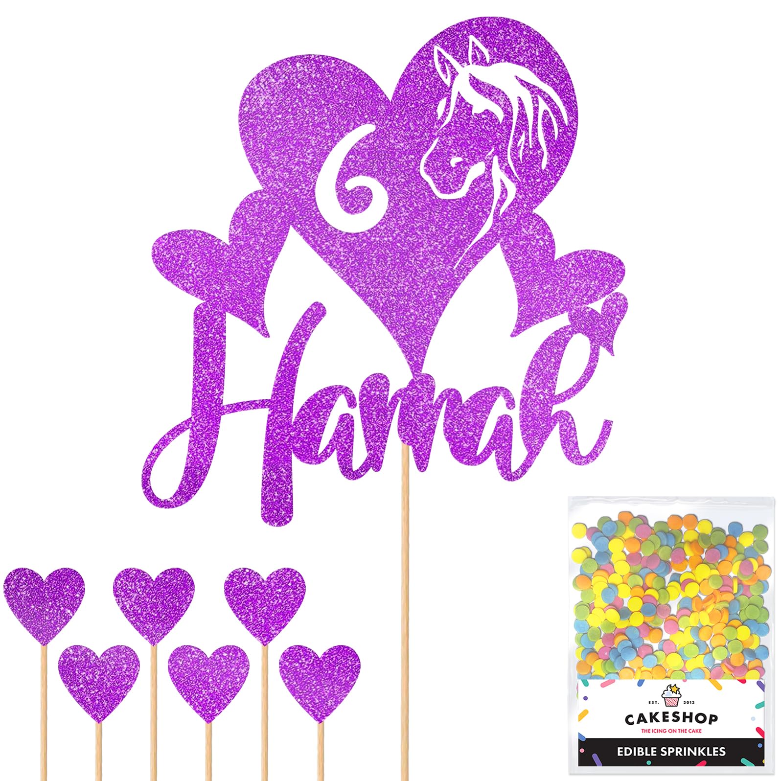 Personalised Horse Pony Love Heart Glitter Cake Topper - Purple Custom Age & Name Glitter Cake Decoration and Sprinkles - Happy Birthday Decorations - Personalised Toppers for Cakes by Cakeshop