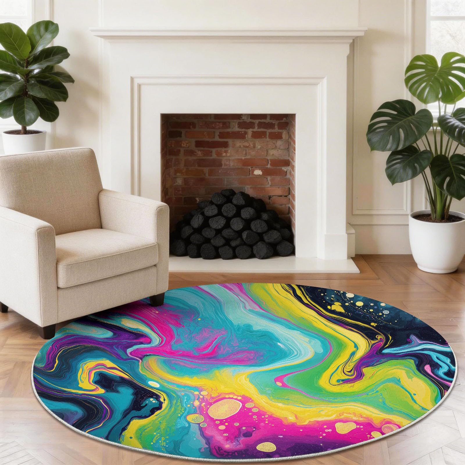 Générique Tappeto rotondo Art 180 cm, tappeto lavabile in lavatrice per soggiorno, antiscivolo, stampa in marmo neon ombreggiato psichedelico per sala giochi, rosa blu
