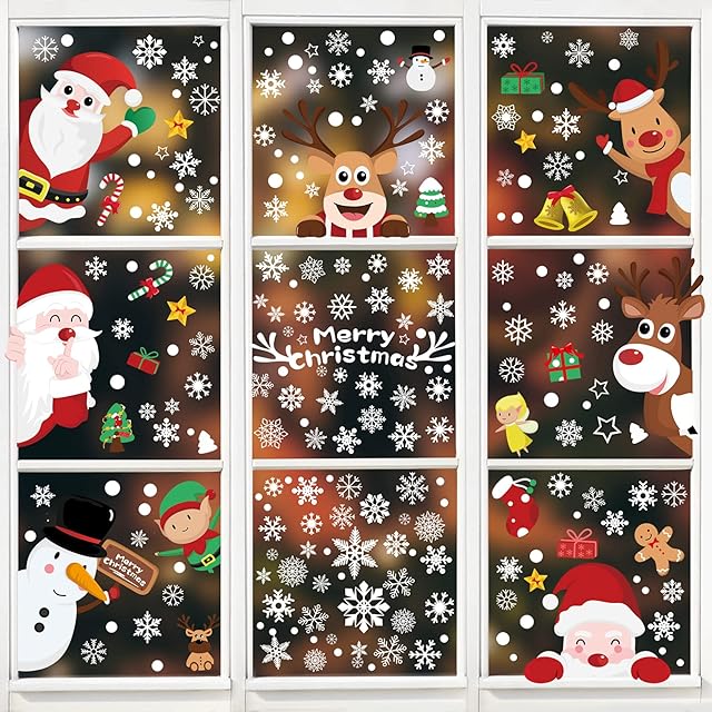 Bigqin 248 Pieces Christmas Window Sticker 2021 Xmas Window Film Santa Claus Snowflake Reindeer Window Clings Reusable PVC Decals for Glass Winter Holiday Decorations, 9 Sheets