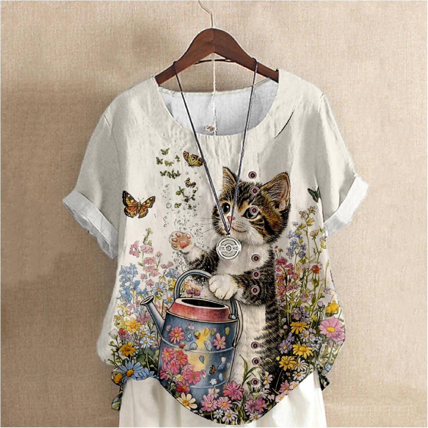 MARSVOVO Funny Cat Blouse Women Cute Print Short Sleeve Casual Tunic Tops for Women Loose Fit Dressy Decorative Buttons - Image 3
