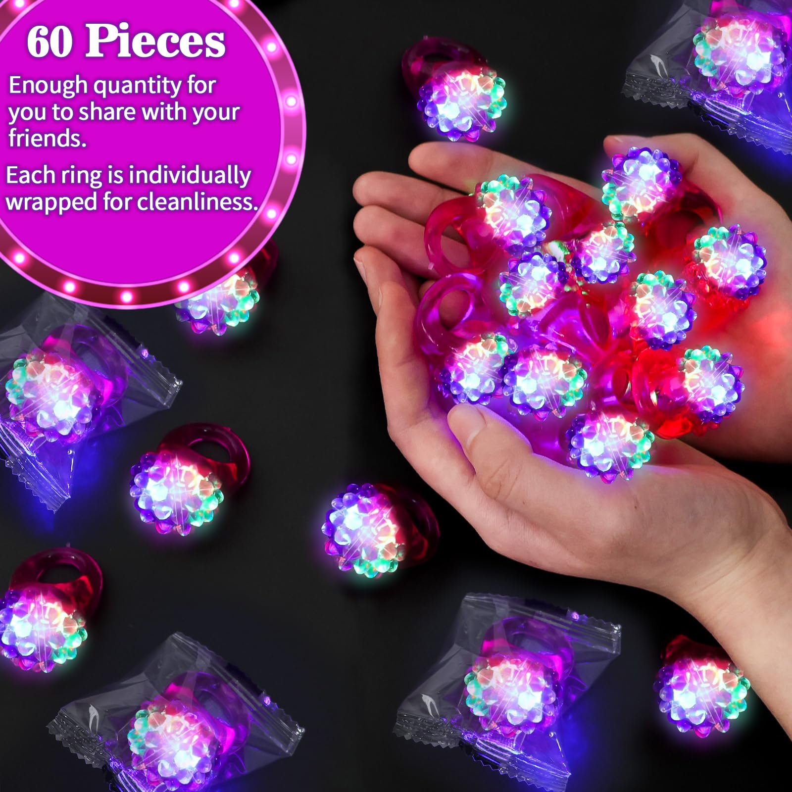 LACGO 60 Stück Weihnachts-Leuchtringe, LED-Blinkringe, Halloween-Partygeschenke, leuchtet im Dunkeln, holprige Gelee-Fingerleuchten, blinkend für Erwachsene, Karneval, Partyzubehör (lila)