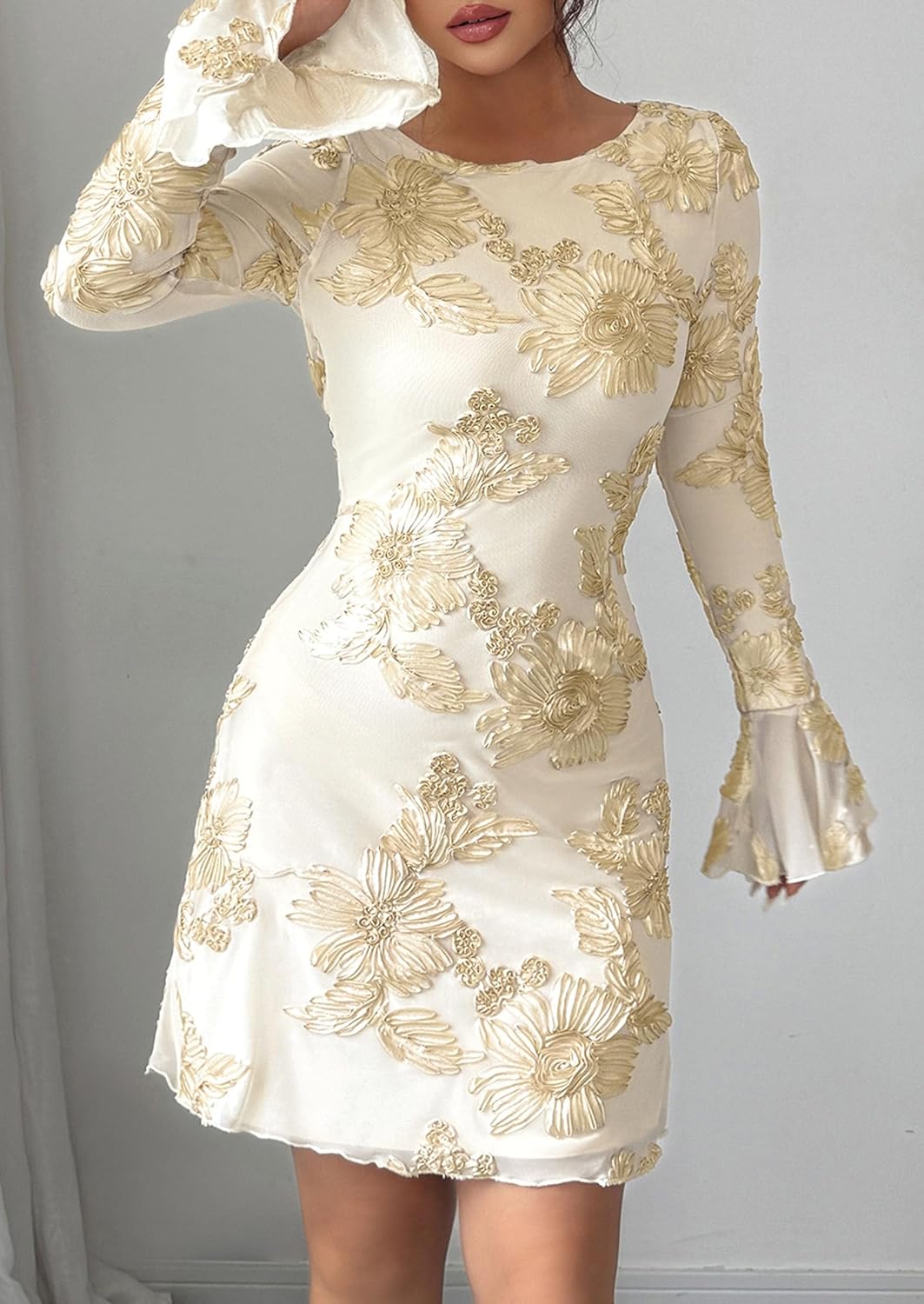 PRETTYGARDEN Women's Floral Dress Spring Fall Fashion Long Bell Sleeve Flower Mini Short Mesh Bodycon Party Dresses - Image 7