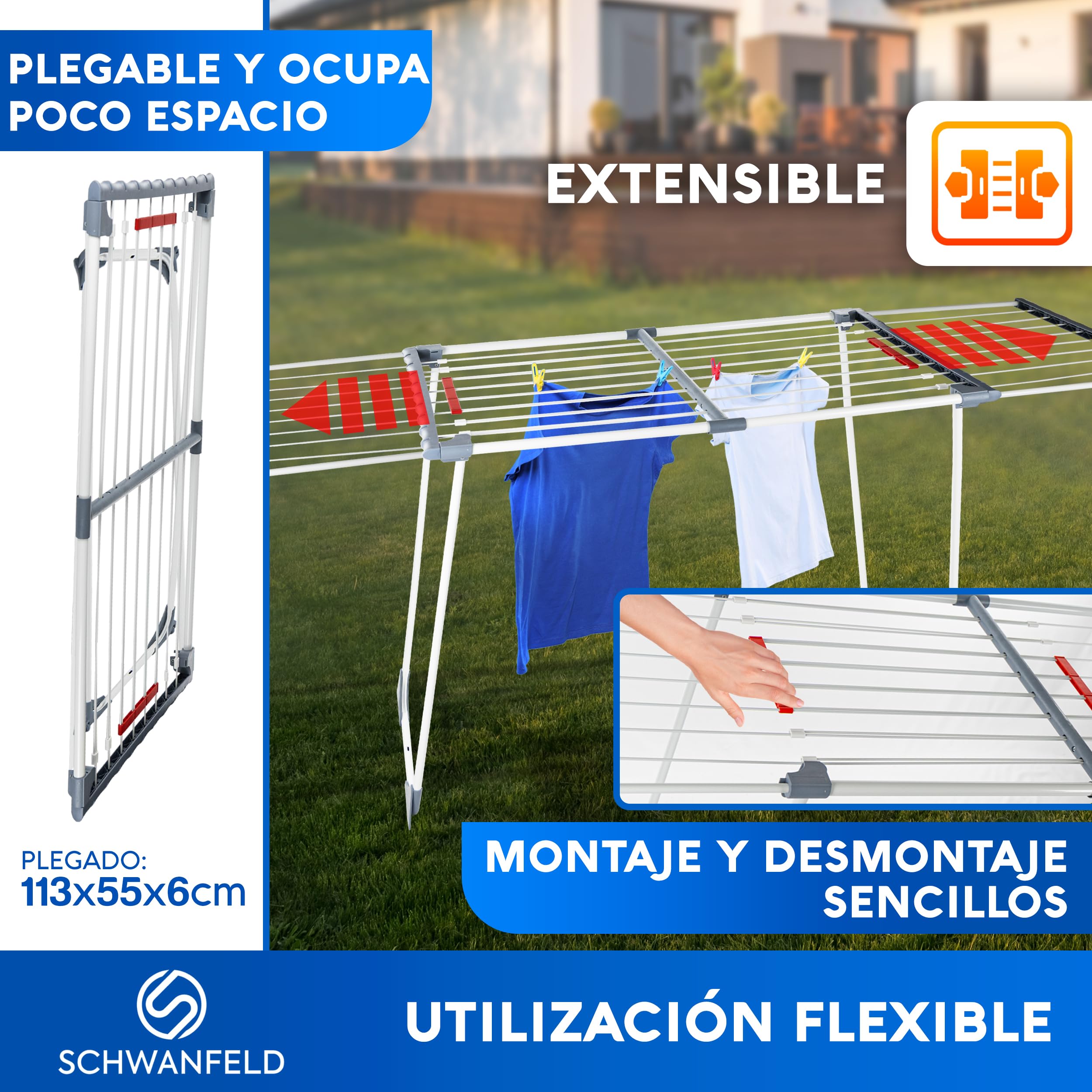 SCHWANFELD® Tendedero Extensible [20M Longitud EN SECO] - Tendederos Plegables - Tendedero Plegable - Tenderetes de Ropa Plegables - Tendedero Exterior - Estendal Tendal Plegable - Tenderete
