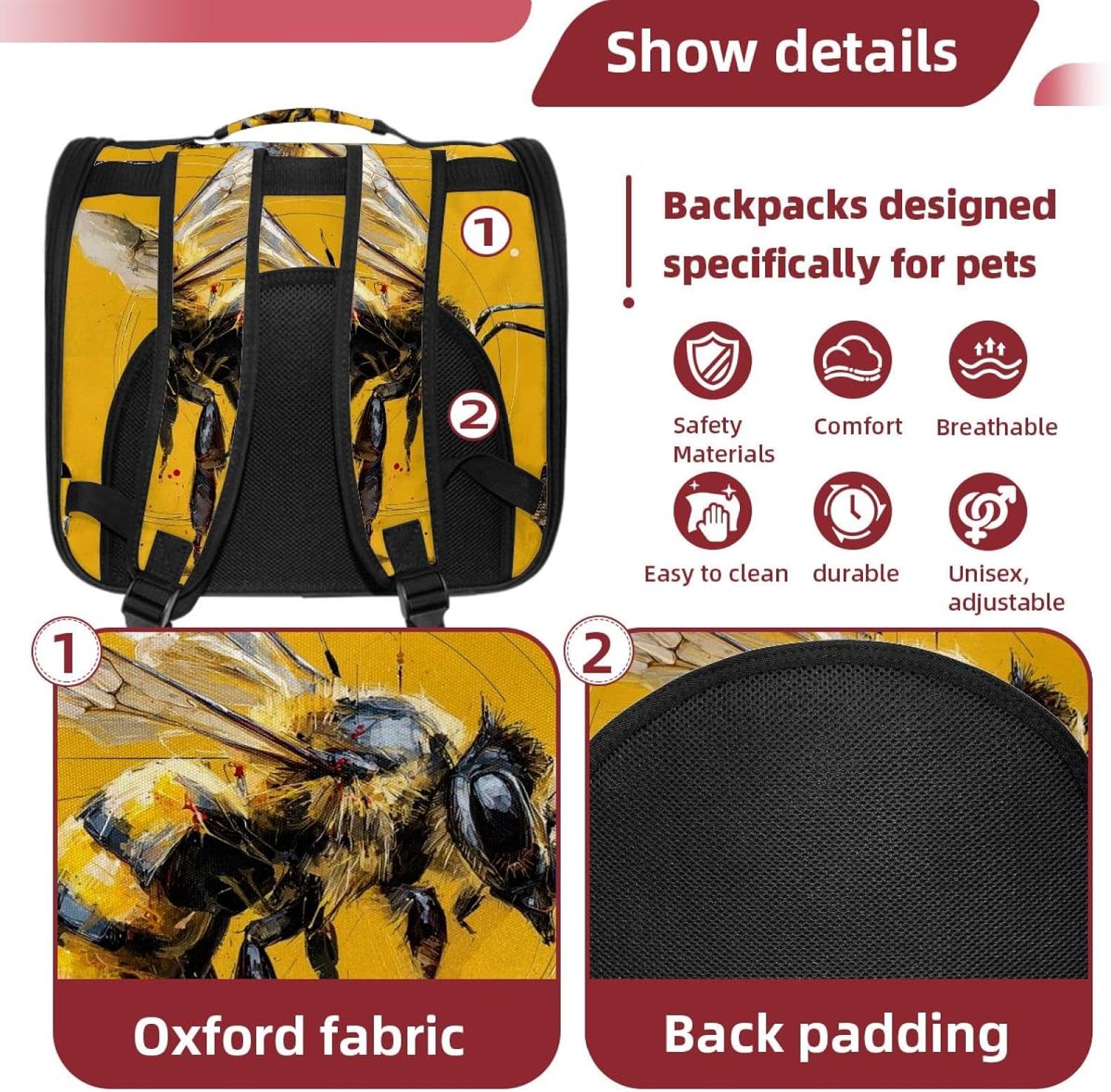 Portable Travel pet Backpack Carrier Hamster Bag Small Dog cat Carrier Breathable Hang Bag, Bee (11)