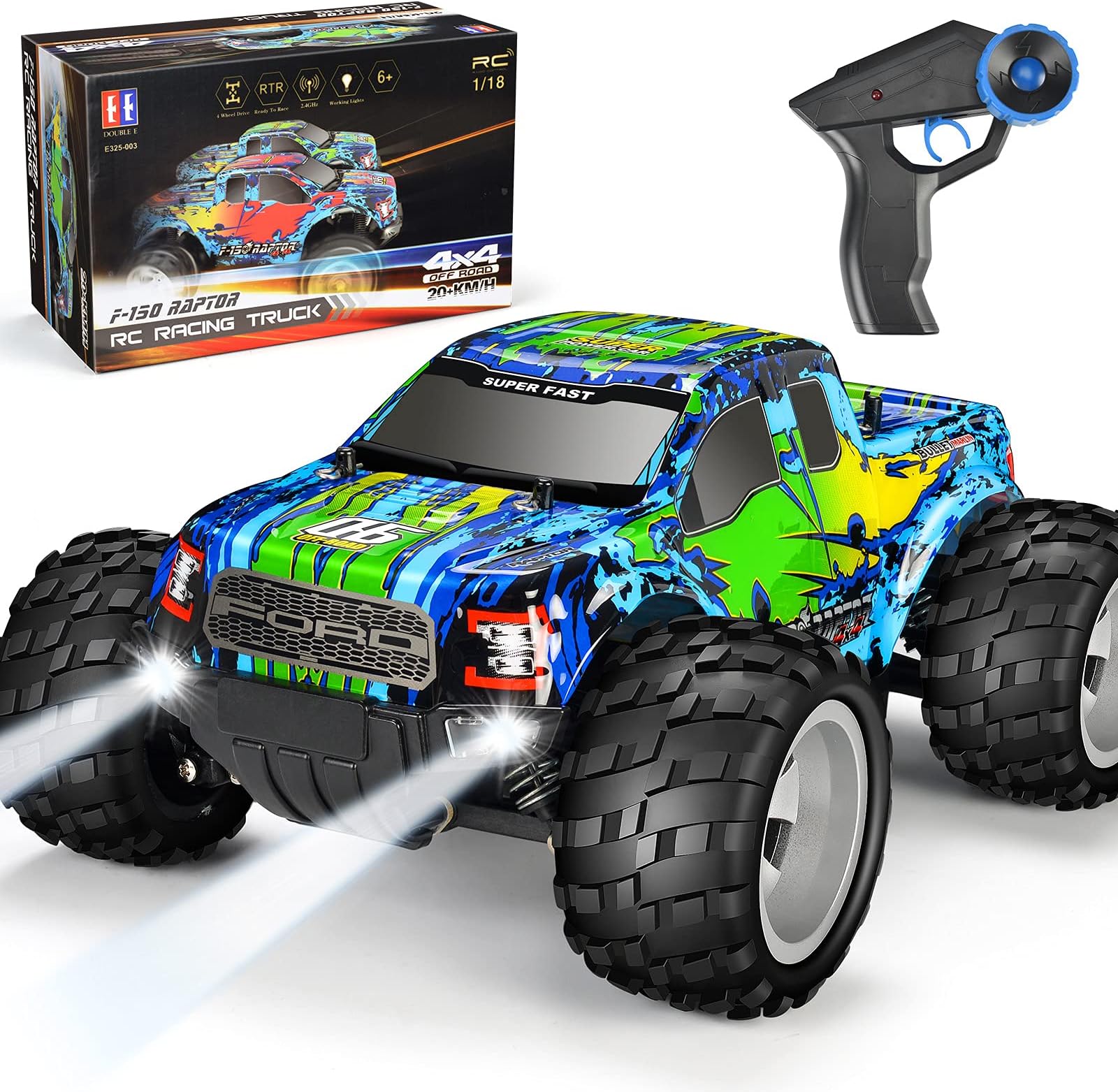 DOUBLE E Ford Raptor F150 Remote Control Car 20km/h 4WD RC Car with Rechargeable Battery Headlights High Speed Off Road Monster Trucks for Boys Girls Kids, Green