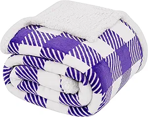 Touchat Sherpa Plaid Twin Blanket 60" X 70", Fuzzy Fluffy Soft Cozy Throw Blanket, Twin Size Plush Fleece Flannel Plush Microfiber Blanket for Couch Bed Sofa (PurpleWhite)