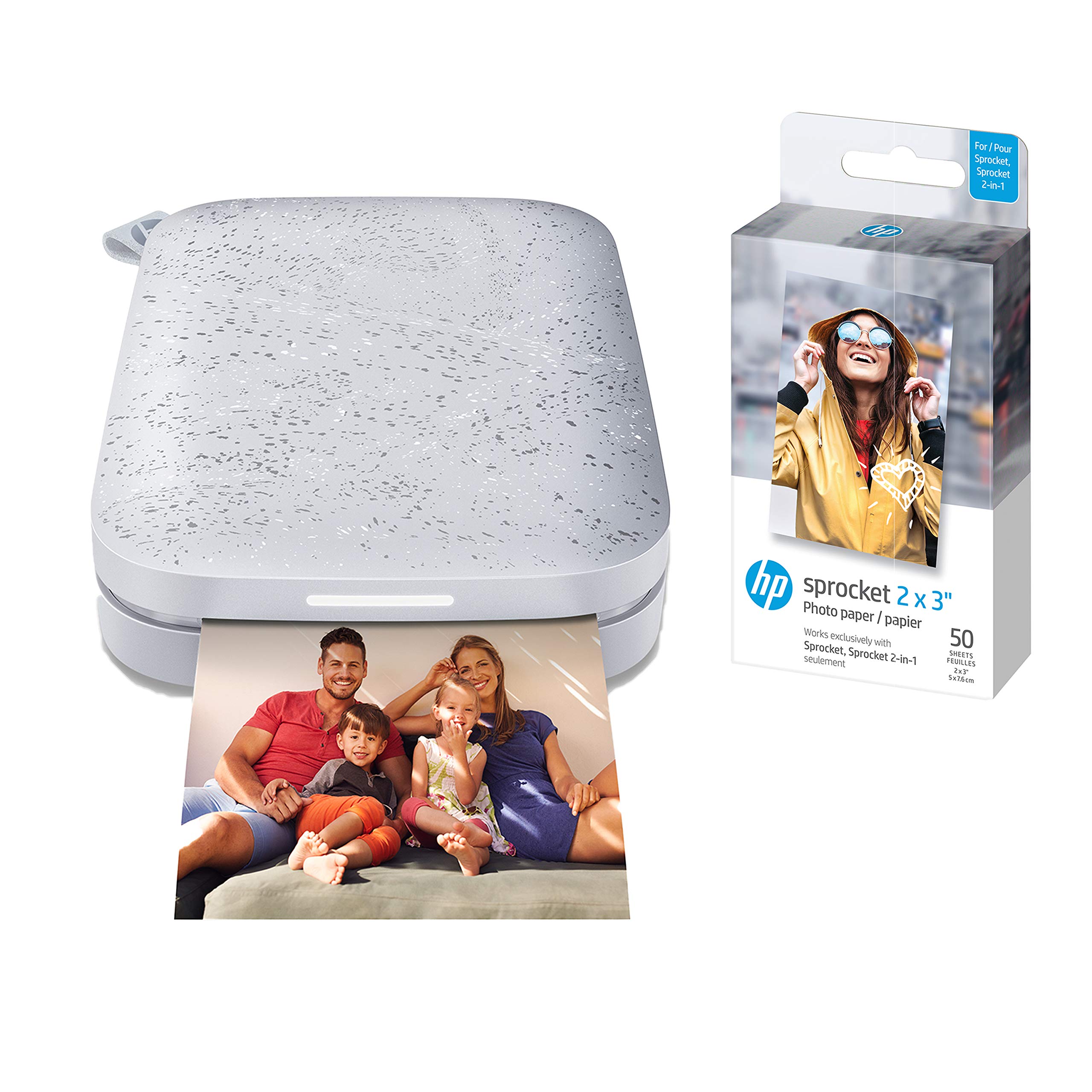 HP Sprocket 2x3" Instant Smartphone Photo Printer (White) and HP Sprocket 2x3" Premium Zink Sticky Back Photo Paper (50 Sheets)