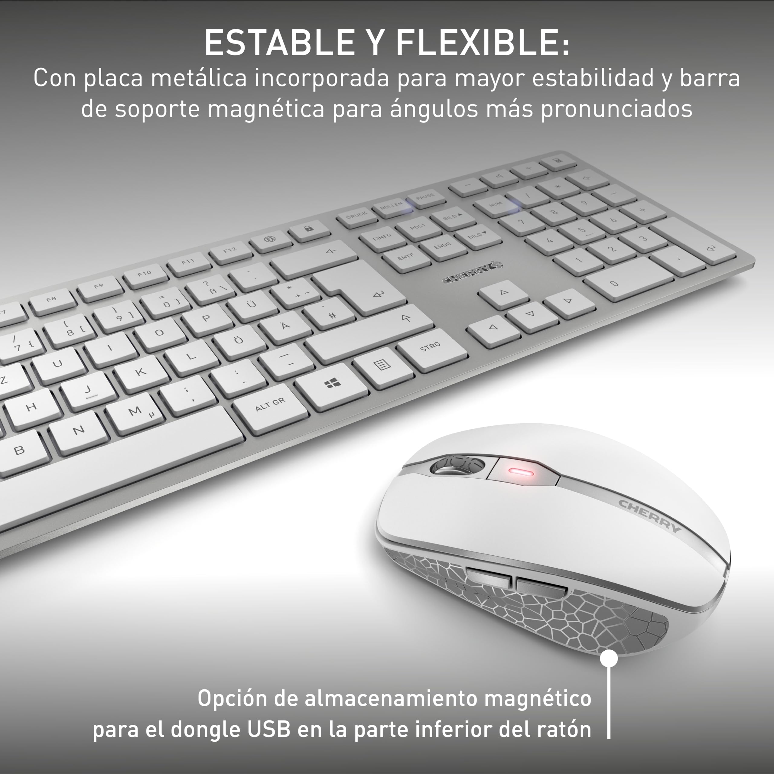 CHERRY DW 9100 SLIM, Pack de Teclado y Ratón Inalámbricos, Distribución de Teclado Alemán (QWERTZ), Bluetooth y Radiofrecuencia de 2,4 GHz, Teclas Silenciosas, Recargable, Blanco/Plateado