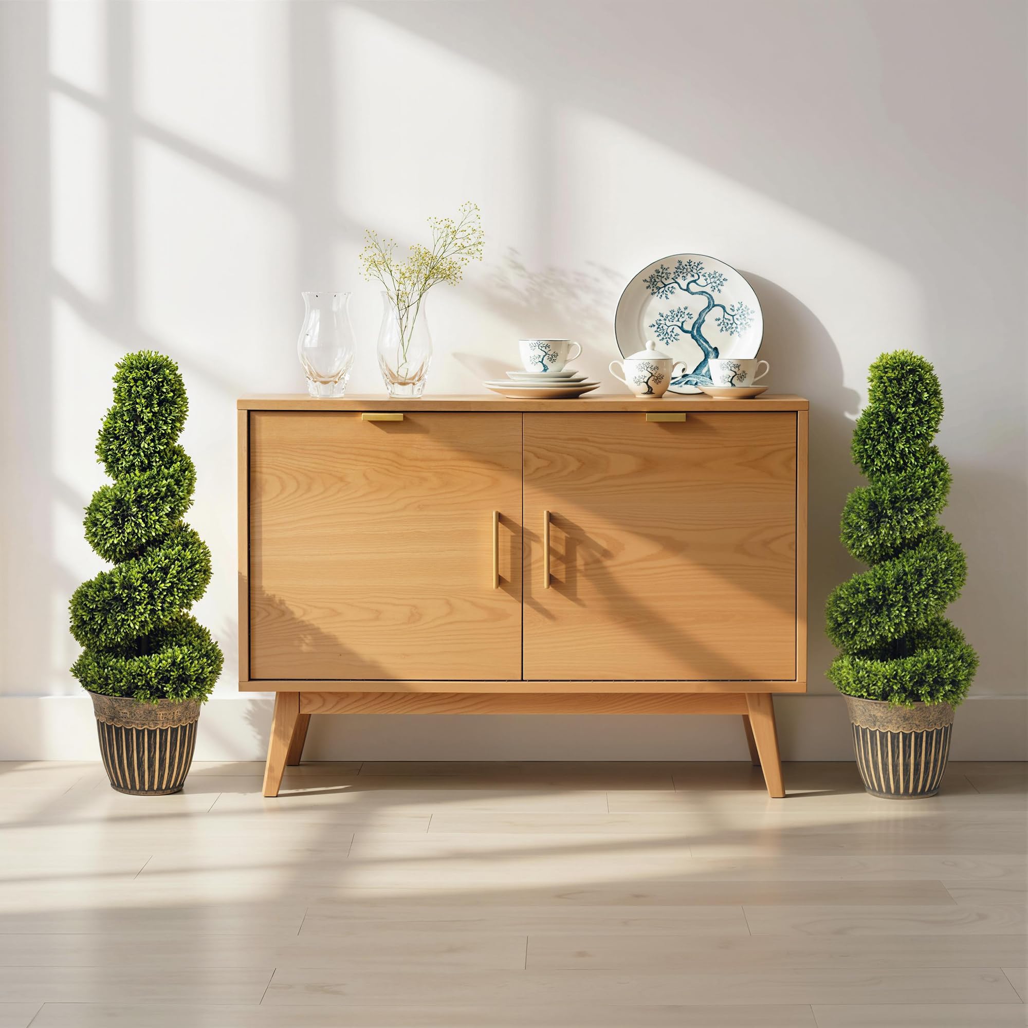 HOMCOM Juego de 2 plantas artificiales decorativas topiarias en espiral de boj en maceta, plantas falsas para decoración del hogar, interiores y exteriores, 90 cm, verde claro