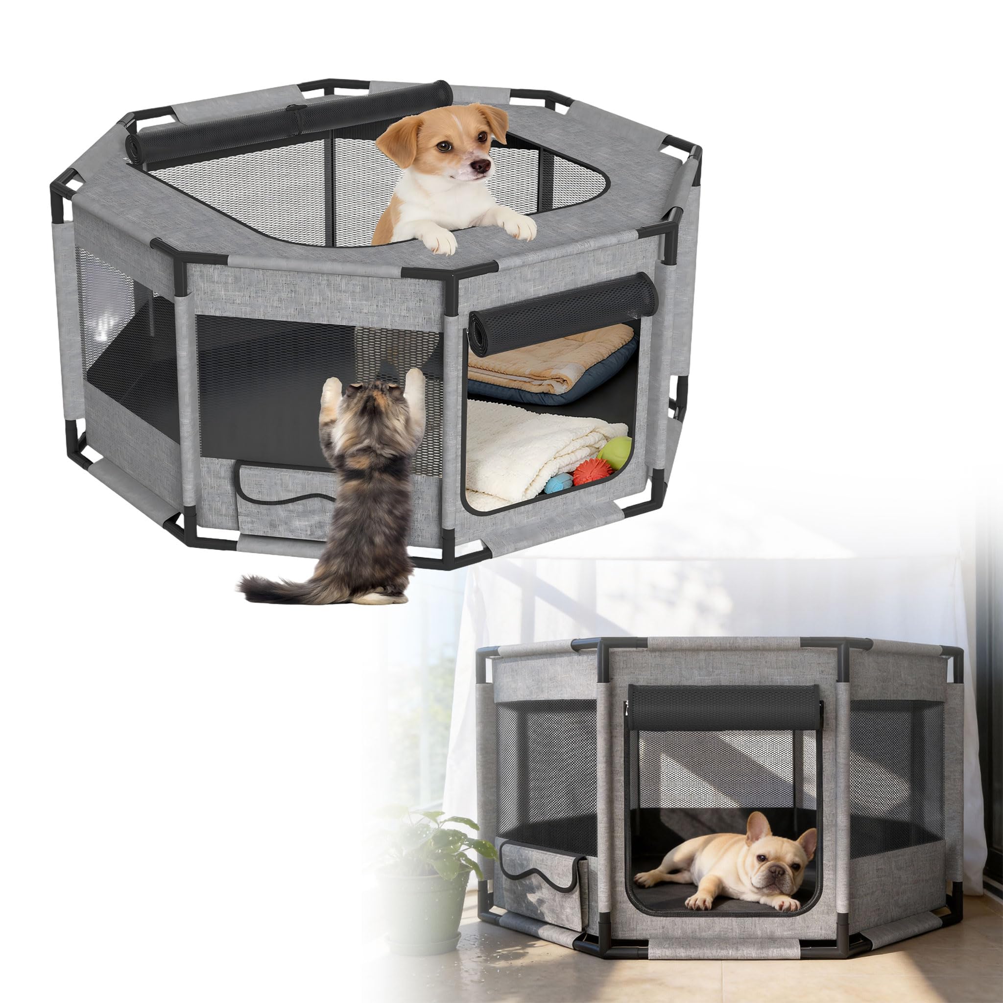 UISEBRT Welpenauslauf Freilaufgehege,Welpengehege aus Oxford-Gewebe,atmungsaktives Netz mit Reißverschluss & Seitentasche,Laufstall Laufgitter Indoor für Hunde Katzen,113.5x113.5x60cm Achteckig