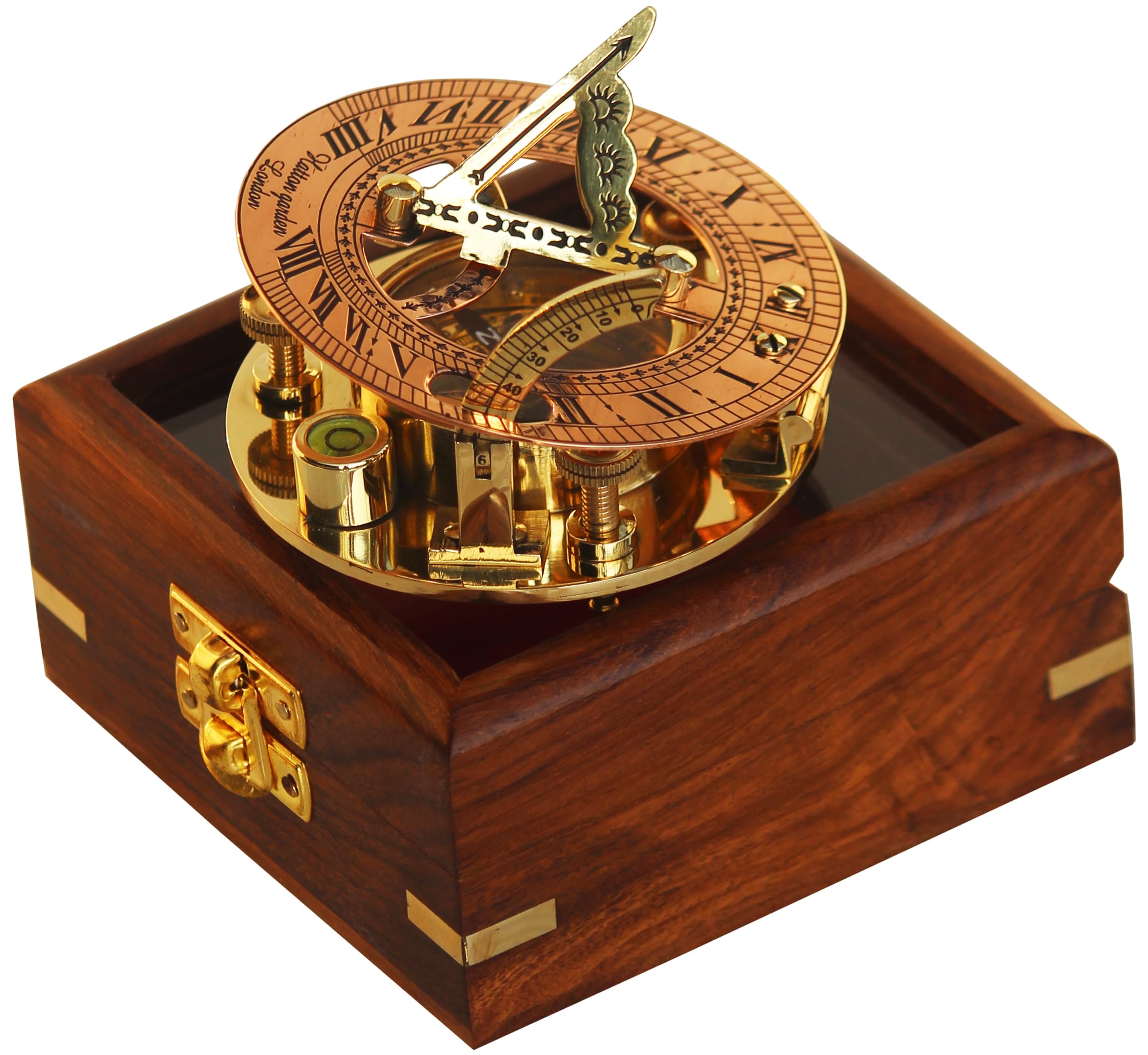Antique Brass Handmade Sundial Compass Nautical Vintage Replica Sundial with Wooden Box.