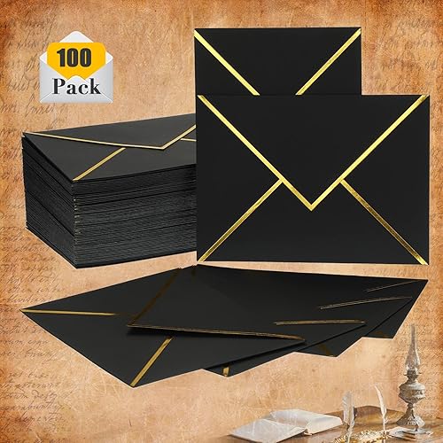 Miniatura 4 de Epakh 100 sobres de invitación de boda A7 para el día de San Valentín, 5 x 7 pulgadas, con borde de lámina dorada con solapa en V, sello