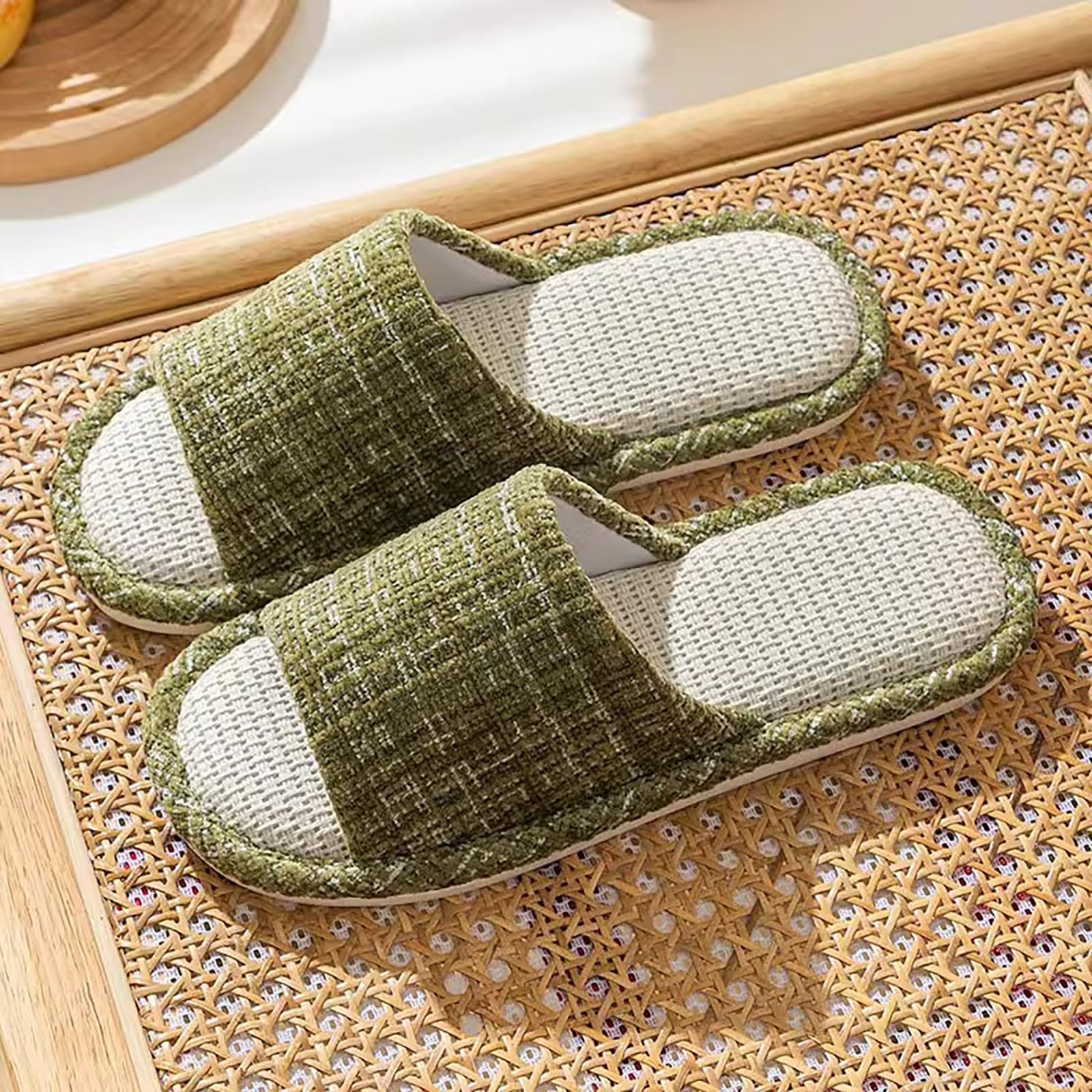 Pantuflas de verano para mujer, pantuflas de lino, pantuflas de algodón, pantuflas peep toe para el hogar, antideslizantes, pantuflas de fieltro, pantuflas para invitados