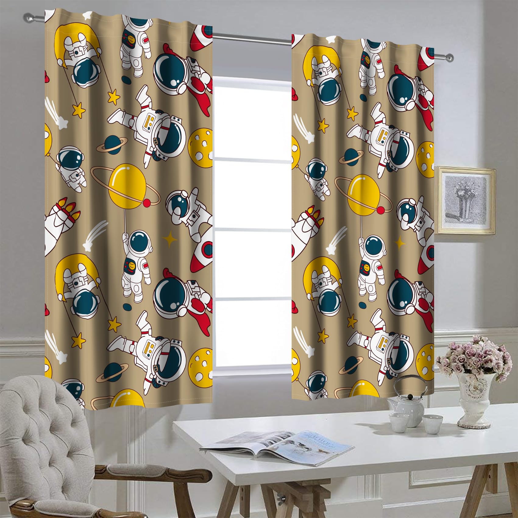 Kzzfqxb 117x229cm Kids Curtains 2 Panels, Brown Spacemen Exploring Universe Rocket Astronauts Window Drapes - Image 3