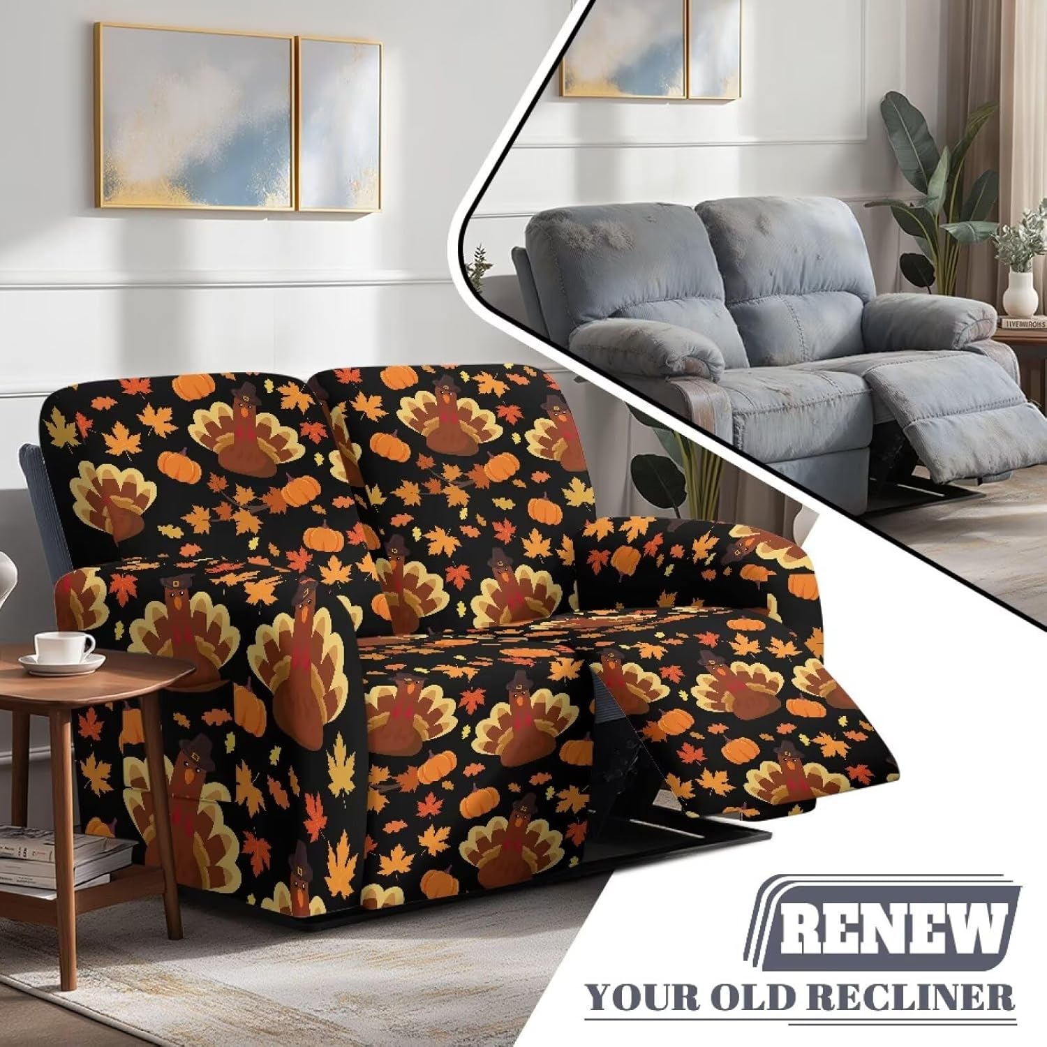 Reclining 2 Seater Covers, Turkey Maple Leaf Reclining Loveseat Slipcover, 6-Piece Stretch Recliner Sofa Covers with Side Pockets, Furniture Protector Cover for Pet Kid, Washable