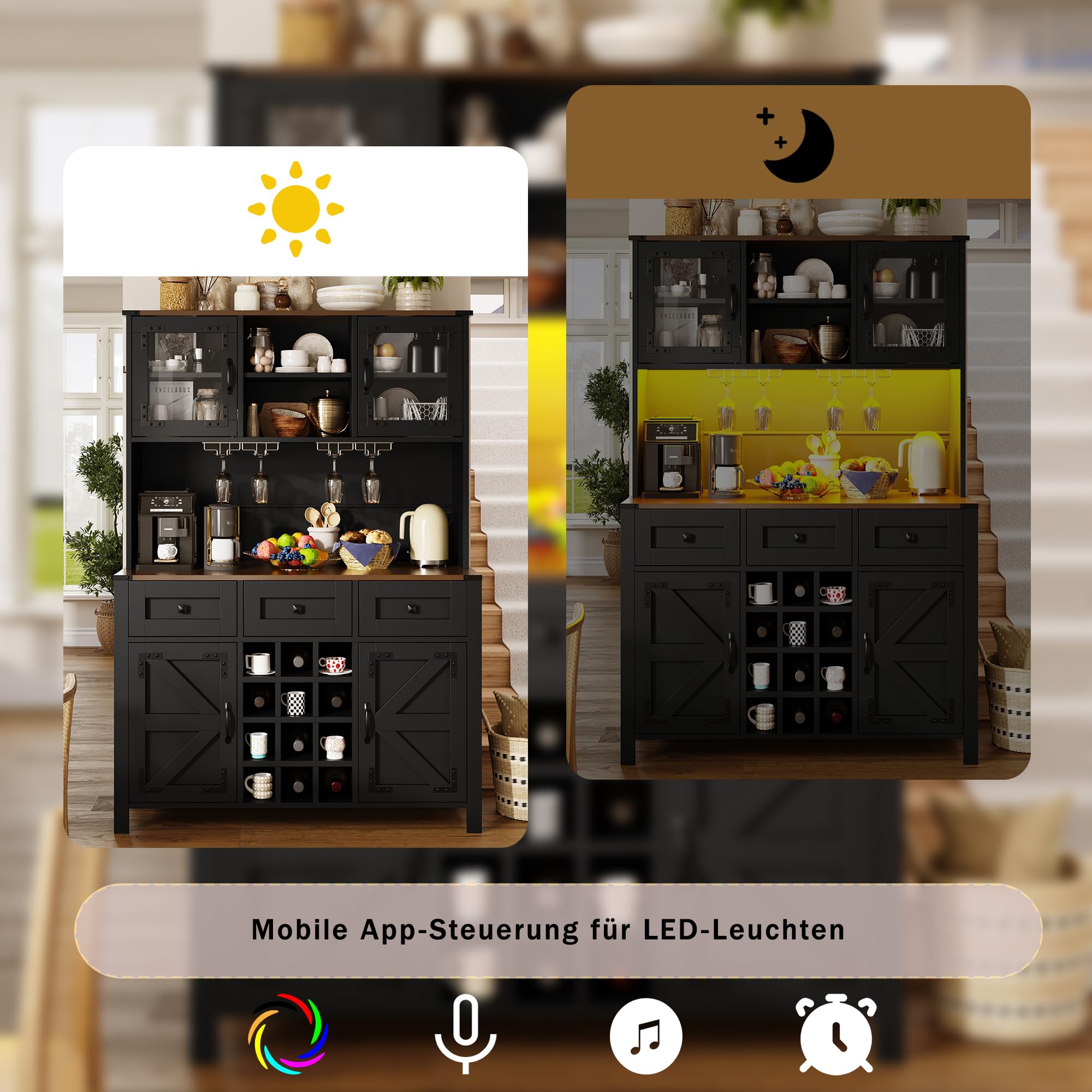Küchenschrank Hochschrank mit LED Licht und USB Steckdose, Küchenbuffet Buffetschrank mit 4 Türen und Schubladen, Highboard Sideboard Schrank Schwarz mit Schubladen und Weinregal, 120x40x170 cm