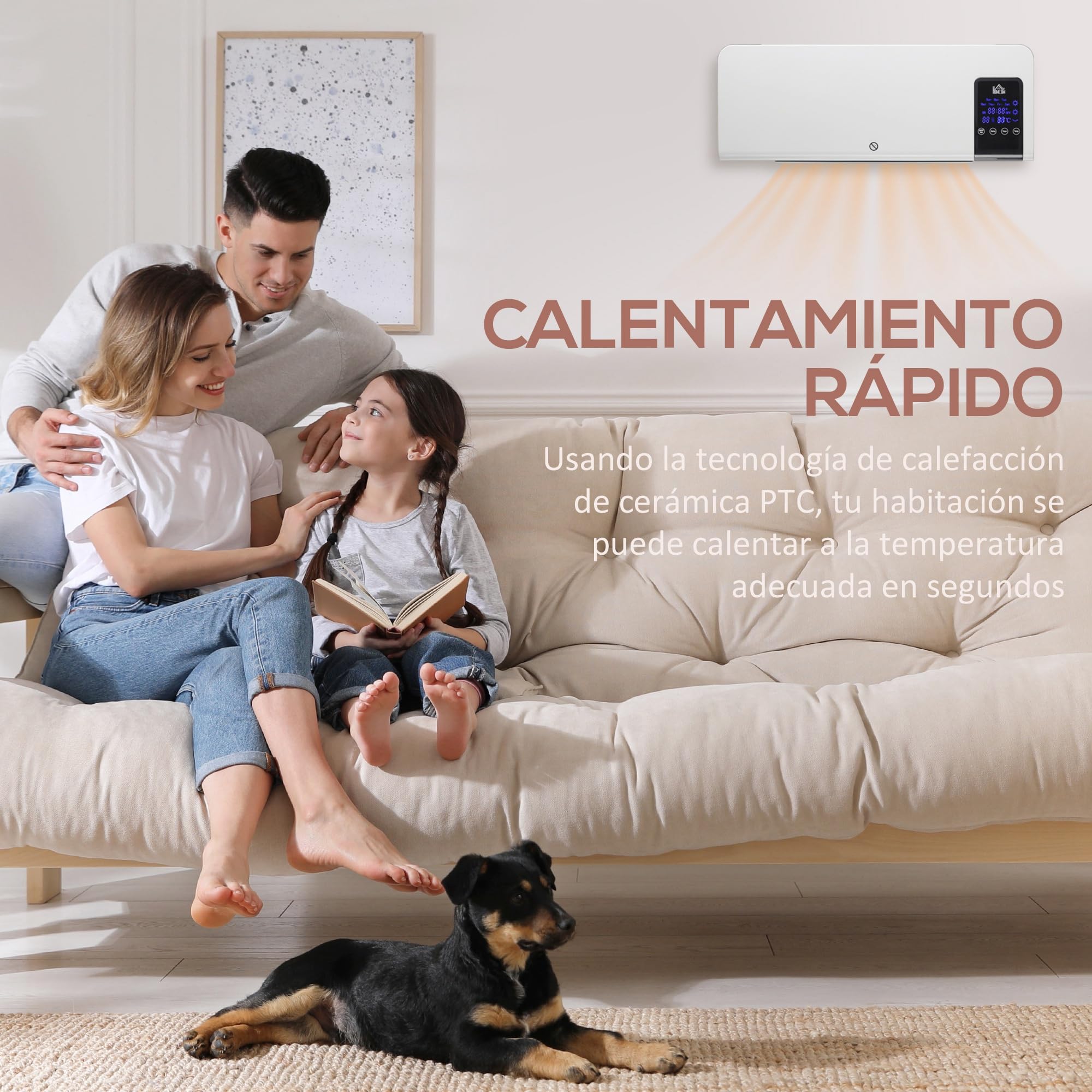 HOMCOM Calefactor Eléctrico Bajo Consumo, 1000/2000W, Calefactor de Baño de Pared con Oscilación, PTC, Pantalla LED, Protección contra Sobrecalentamiento, Temporizador, Mando, para 15-20m² Blanco