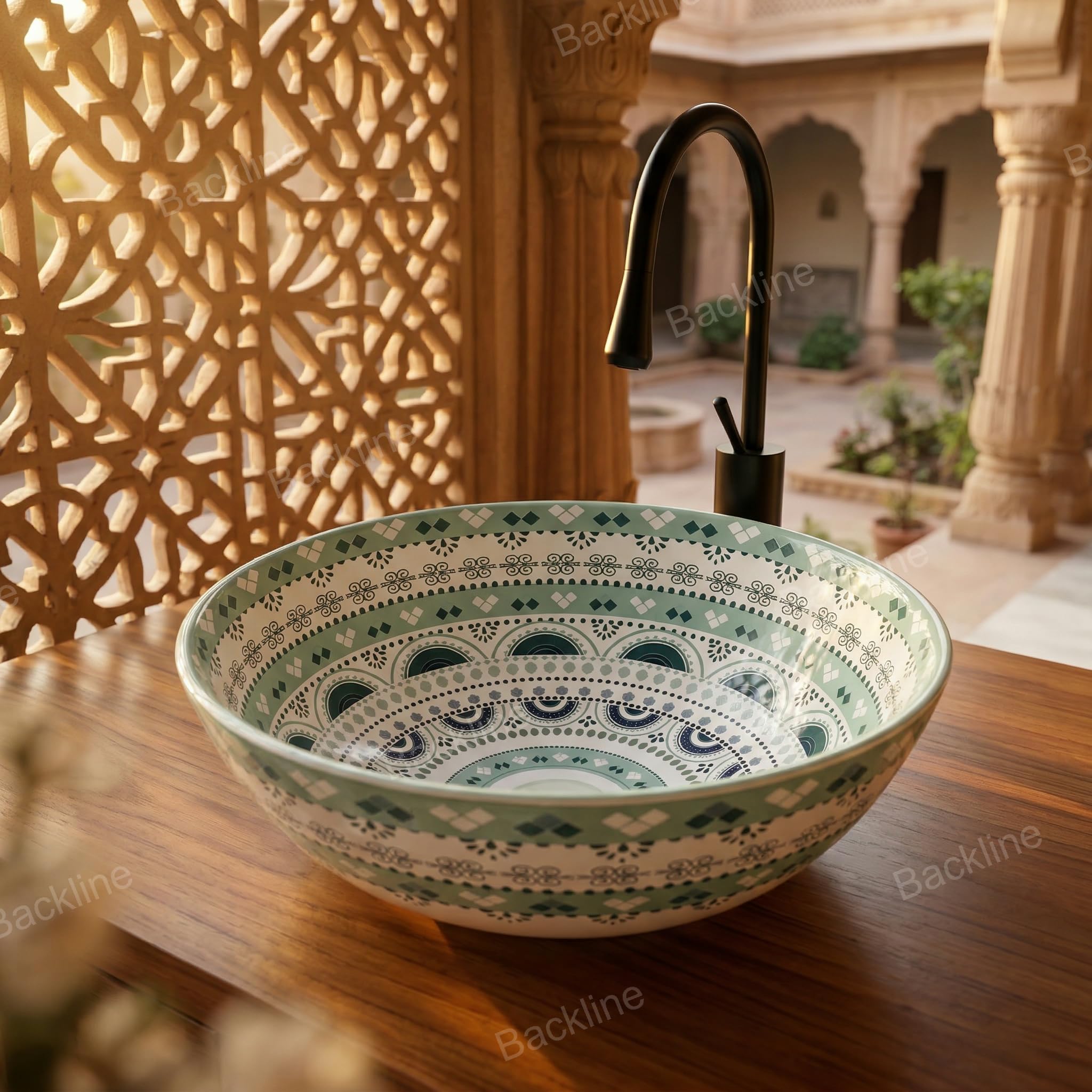 B Backline Ceramic Moroccan Wash Basin Countertop | Tabletop Ceramic Bathroom Sink | Modern Wash Basin Over Counter | Wash Basin For Bathroom 41 X 41 X 14 Cm (Glossy Finish) (Green Moroccan)