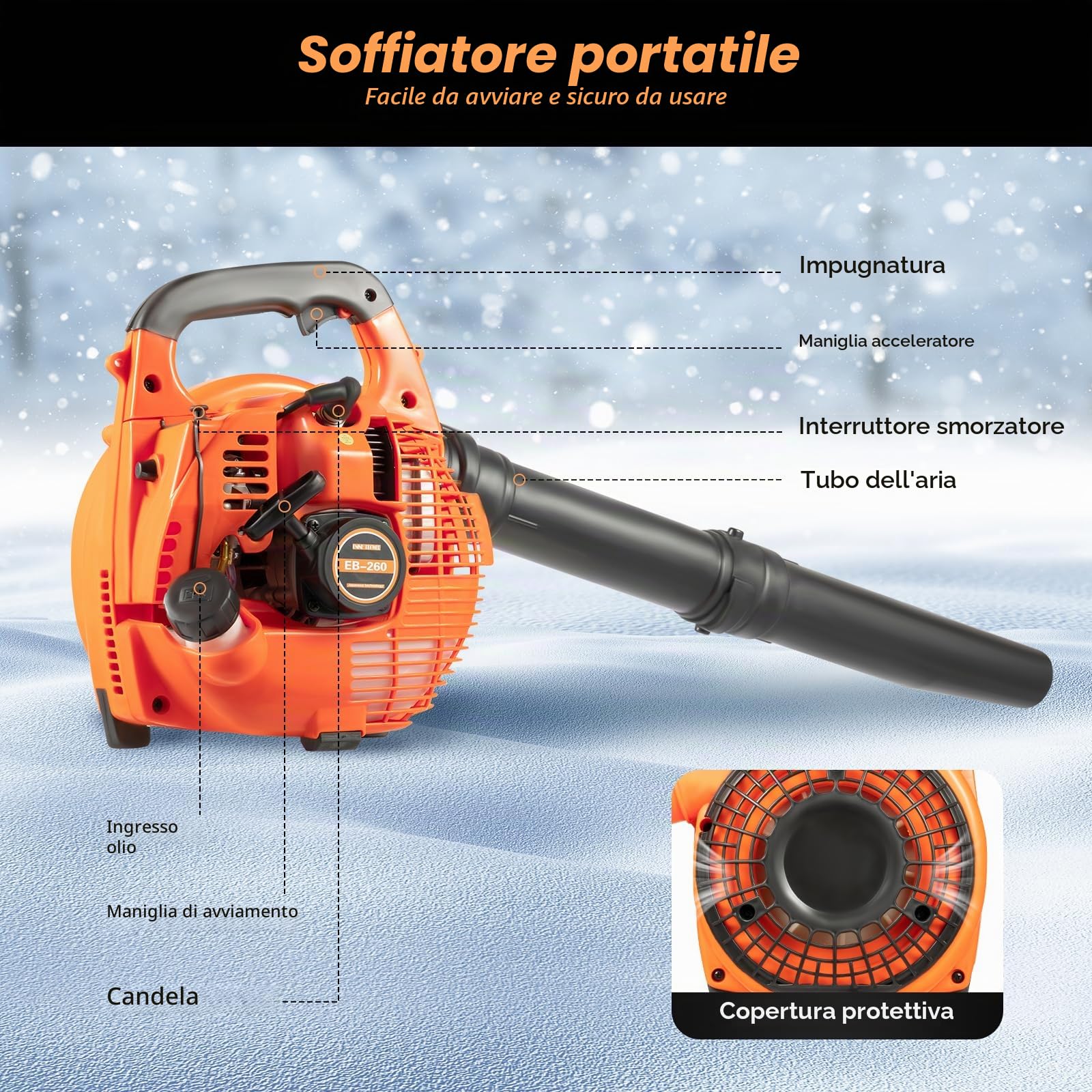 Soffiatore per foglie a benzina 25,4 cc 2 tempi, aspiratore per foglie a benzina con avviamento manuale e accensione elettronica, soffiatore manuale per la cura del prato, cortile, giardino