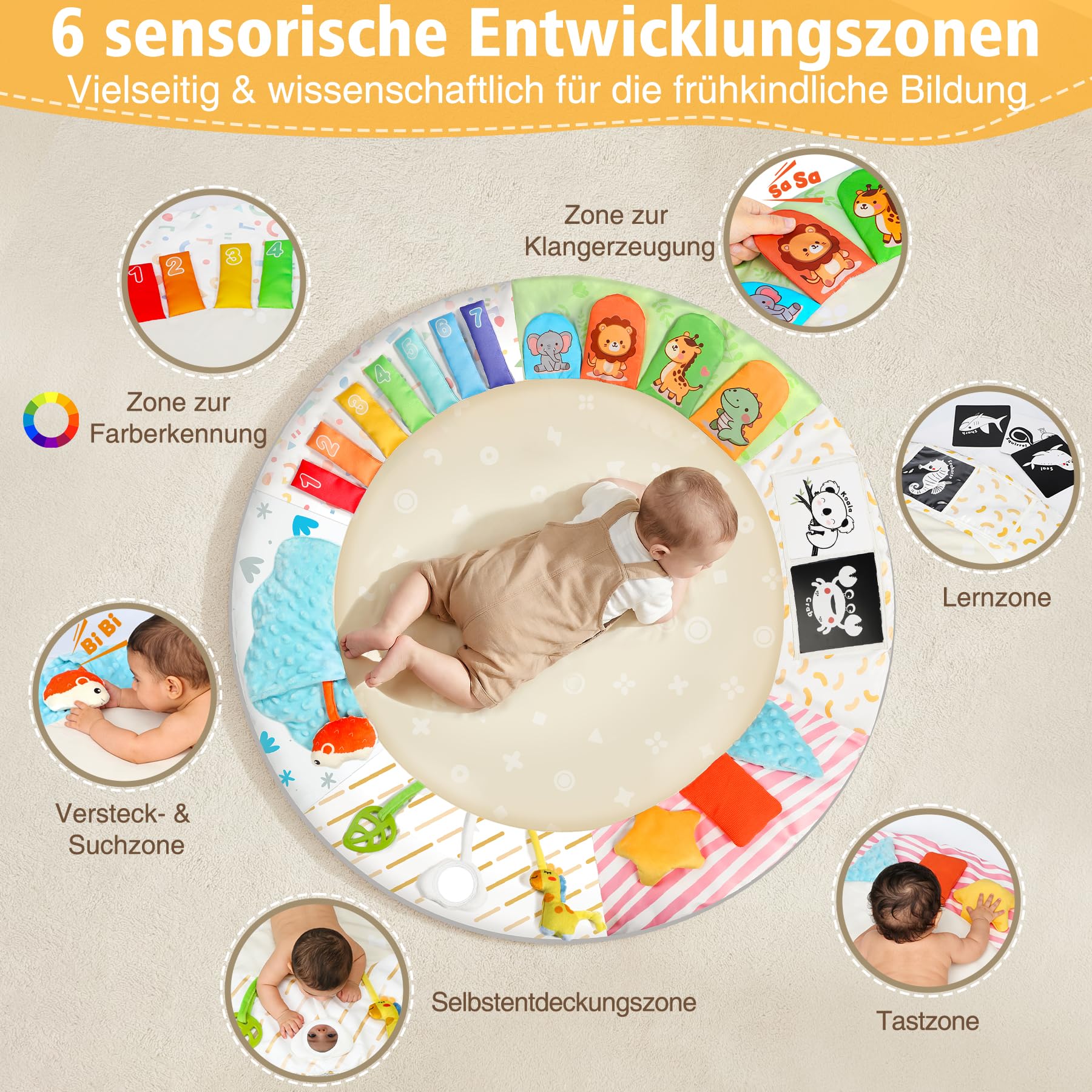 URMYWO Spielbogen Baby– Baby Krabbeldecke mit 5 abnehmbaren Spielzeugen zum Greifen - 6 Entwicklungsregionen – Spieldecke für Babys und Kinder ab 0+ Monaten – Krabbelmatte als Geschenk zur Geburt